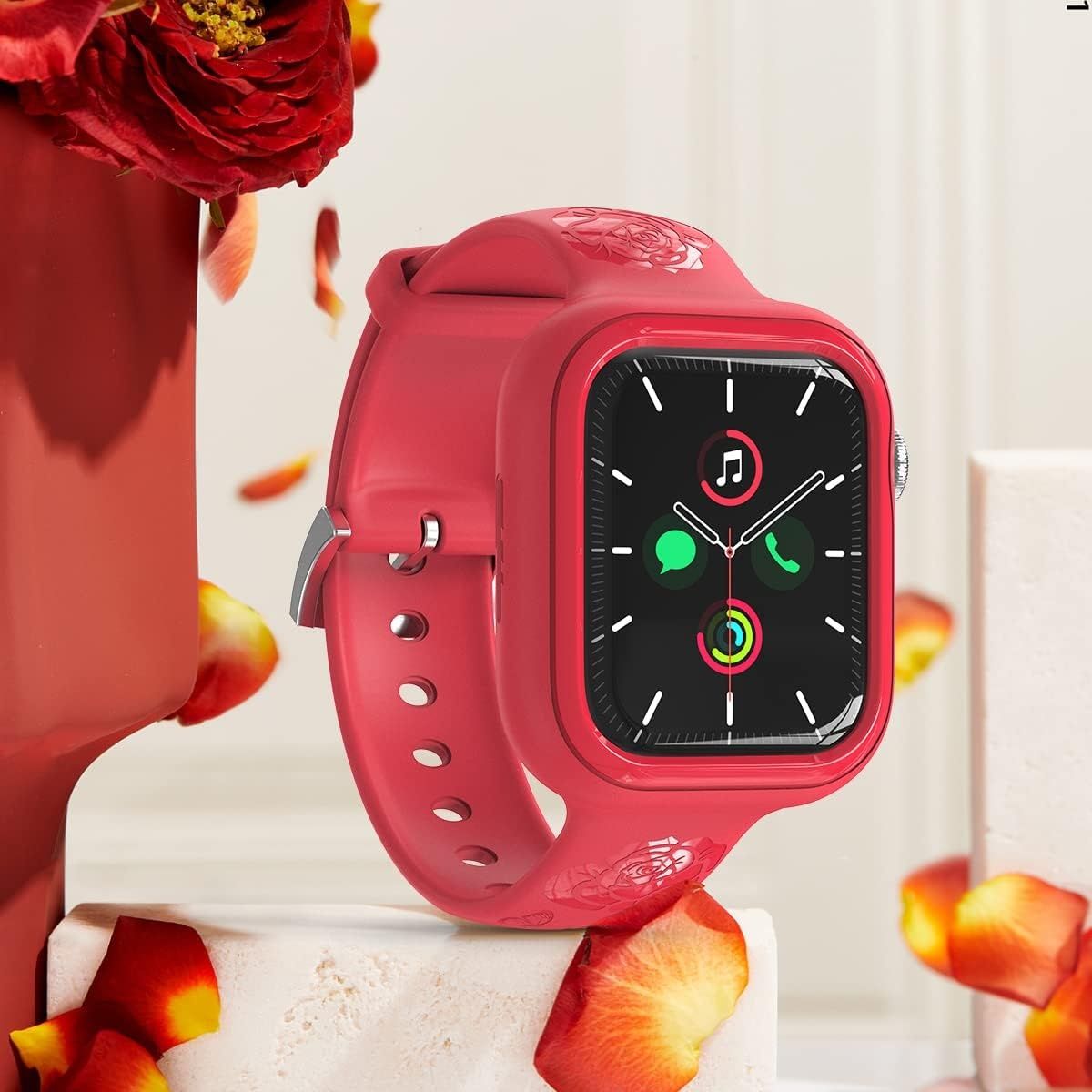 Etui z bransoletką dla Apple Watch (40/41 mm), czerwone, z różami.