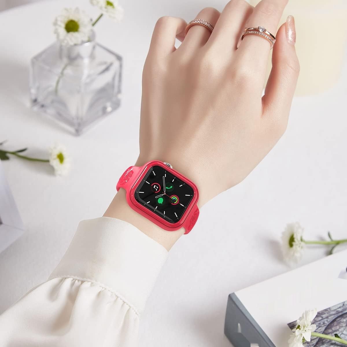 Etui z bransoletką dla Apple Watch (40/41 mm), czerwone, z różami.