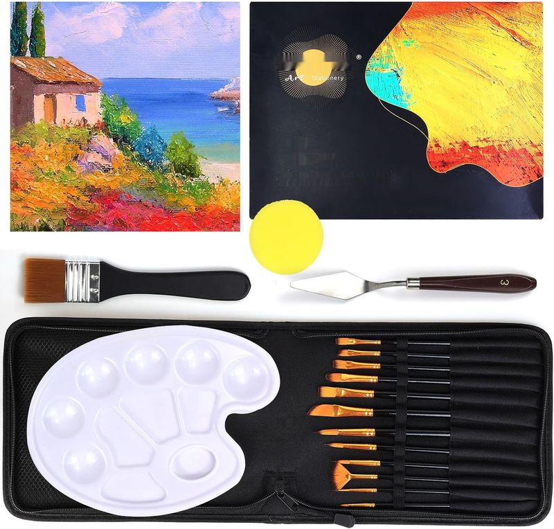 EooUooIP 15-częściowy zestaw pędzli akrylowych z paletą, gąbką i torbą.