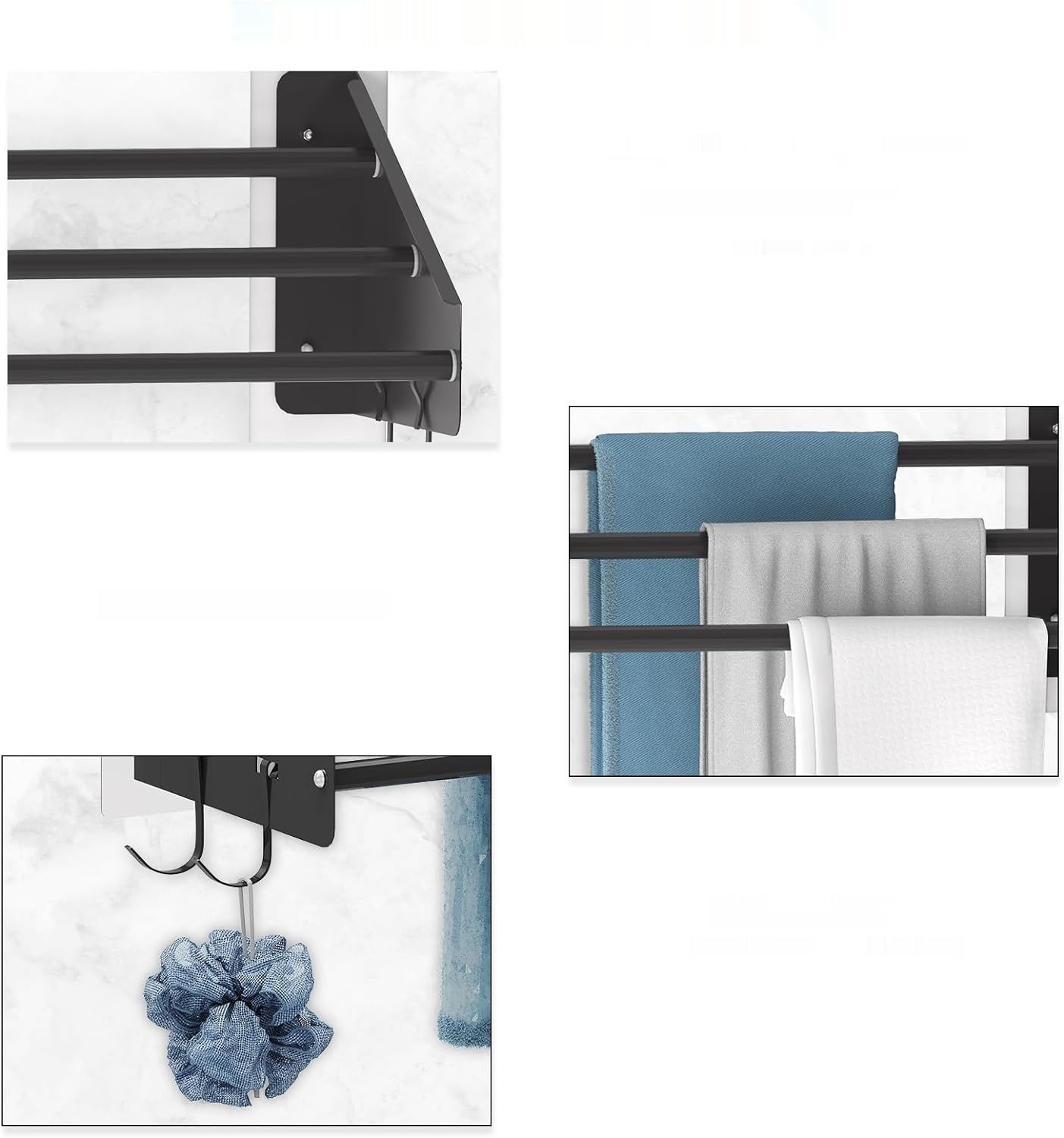 Danclit 3-Poziomowy Wieszak na Ręczniki, Bez Wiercenia, Czarny, Regulowany