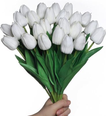 Anaoo 24 sztuki białych lateksowych sztucznych tulipanów Dekoracje domu na ślub