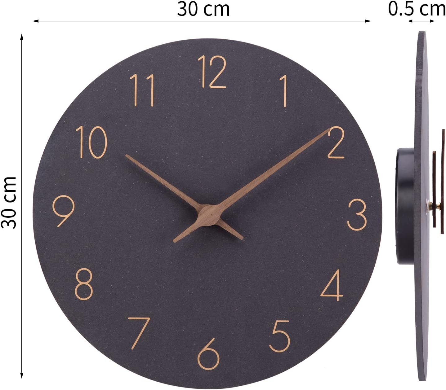 ACCSHINE MDF Drewniany Zegar Ścienny 30 cm Cichy Kwarcowy (Czarny)