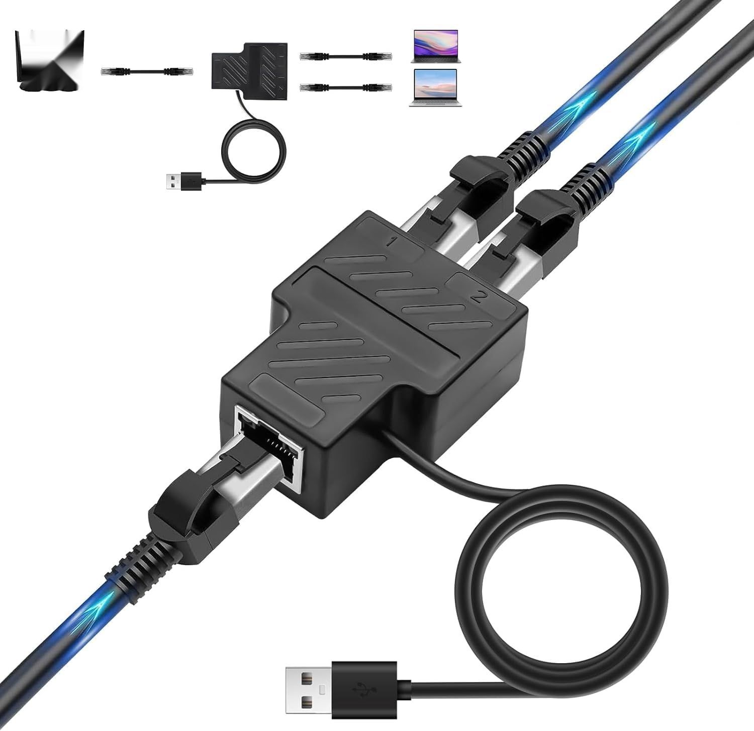 VOSSOT Rozdzielacz Ethernet 1 na 2 100 Mbps RJ45 z kablem USB