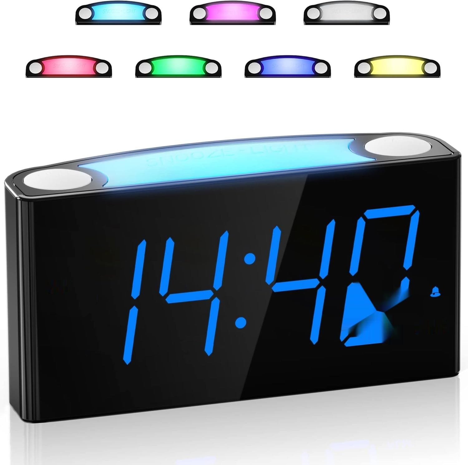 Głośny budzik, duży LED, 7-kolorowe światło, ściemniacz, 2 USB, 12/24 H