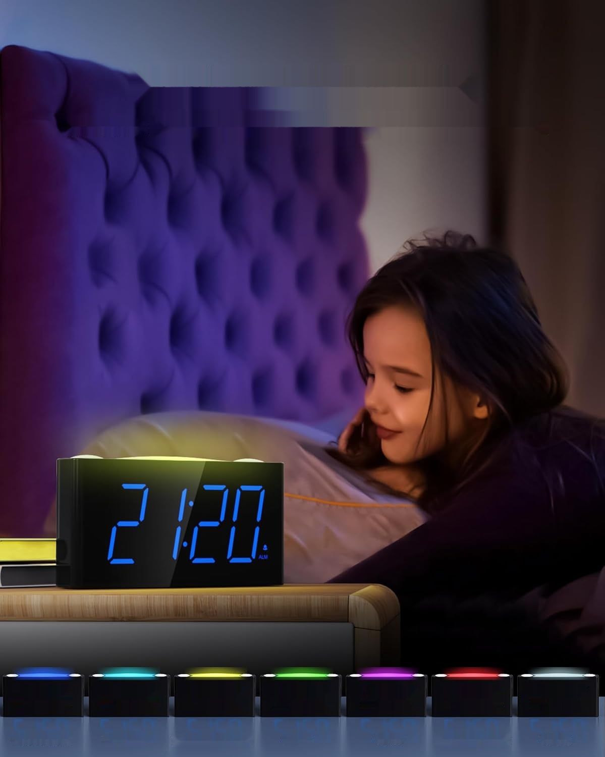 Głośny budzik, duży LED, 7-kolorowe światło, ściemniacz, 2 USB, 12/24 H