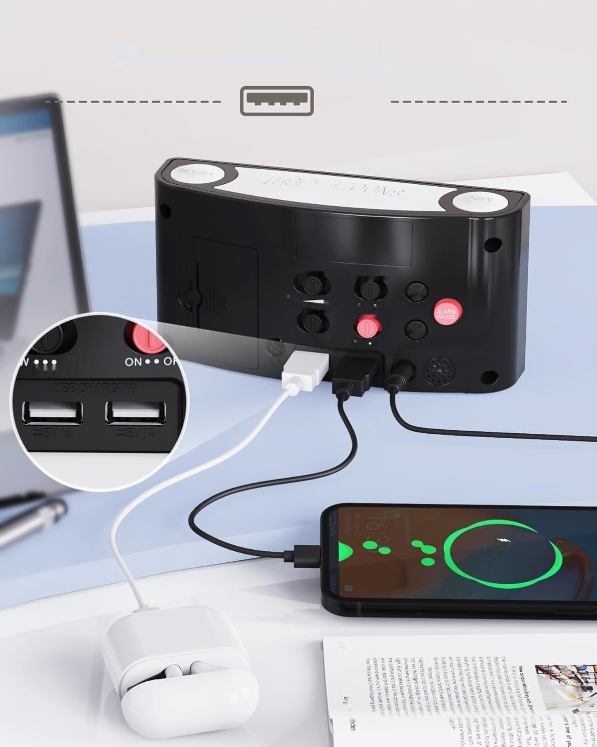 Głośny budzik, duży LED, 7-kolorowe światło, ściemniacz, 2 USB, 12/24 H