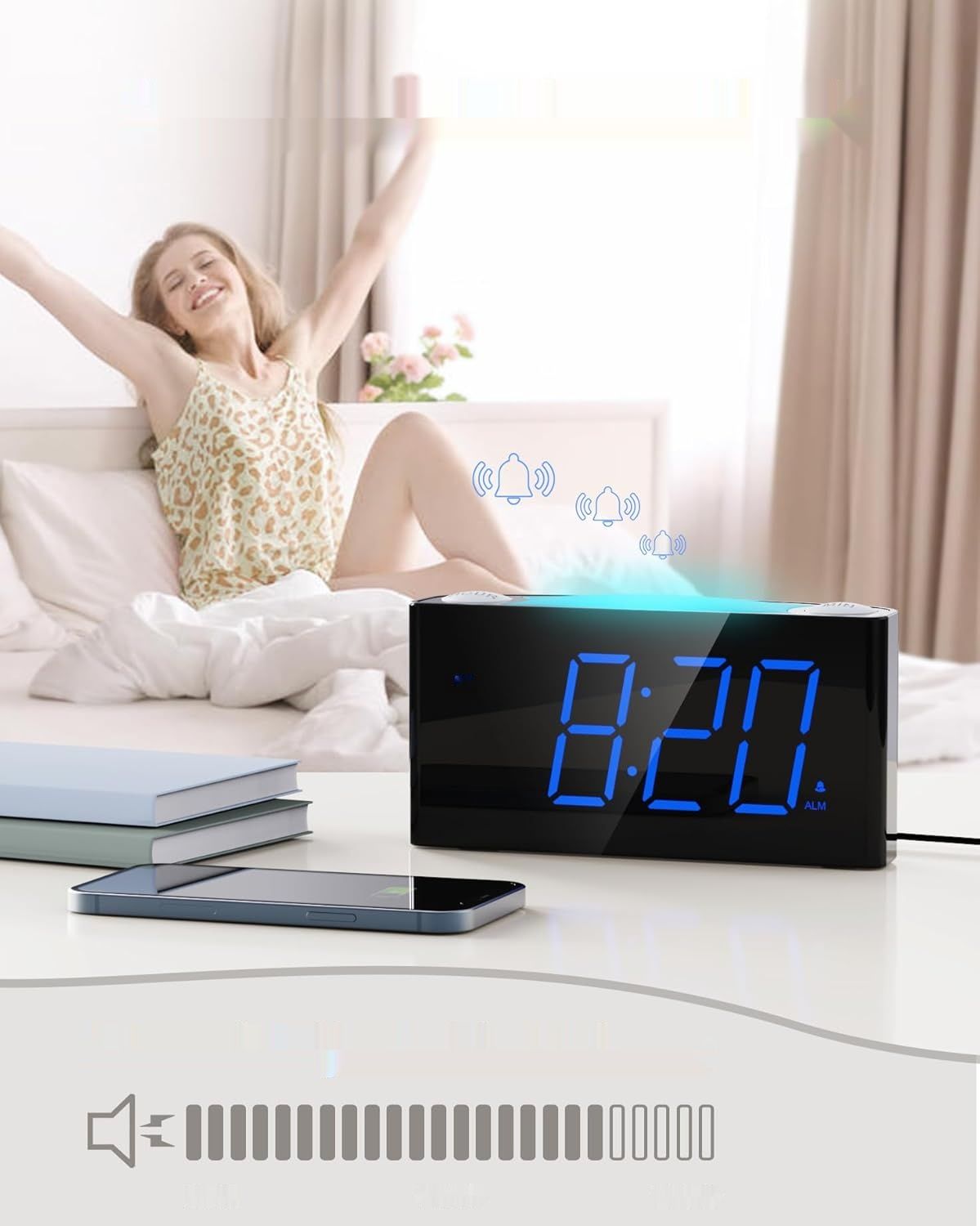 Głośny budzik, duży LED, 7-kolorowe światło, ściemniacz, 2 USB, 12/24 H