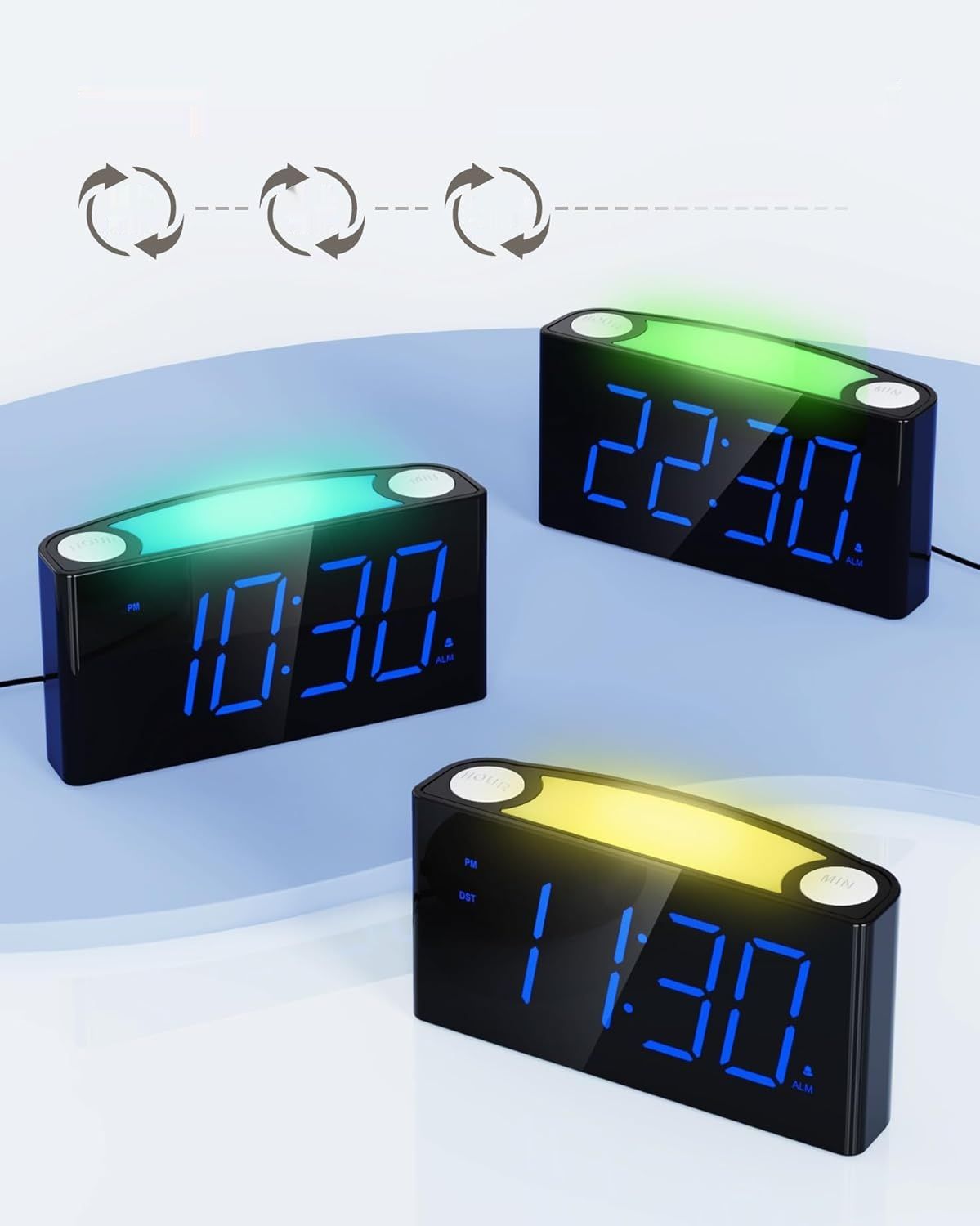 Głośny budzik, duży LED, 7-kolorowe światło, ściemniacz, 2 USB, 12/24 H