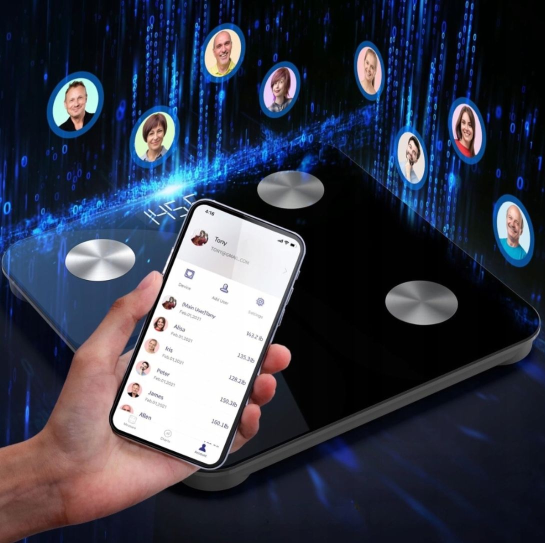 Foryond Cyfrowa Waga z Tkanką Tłuszczową, Bluetooth, Do 180 kg, Czarna