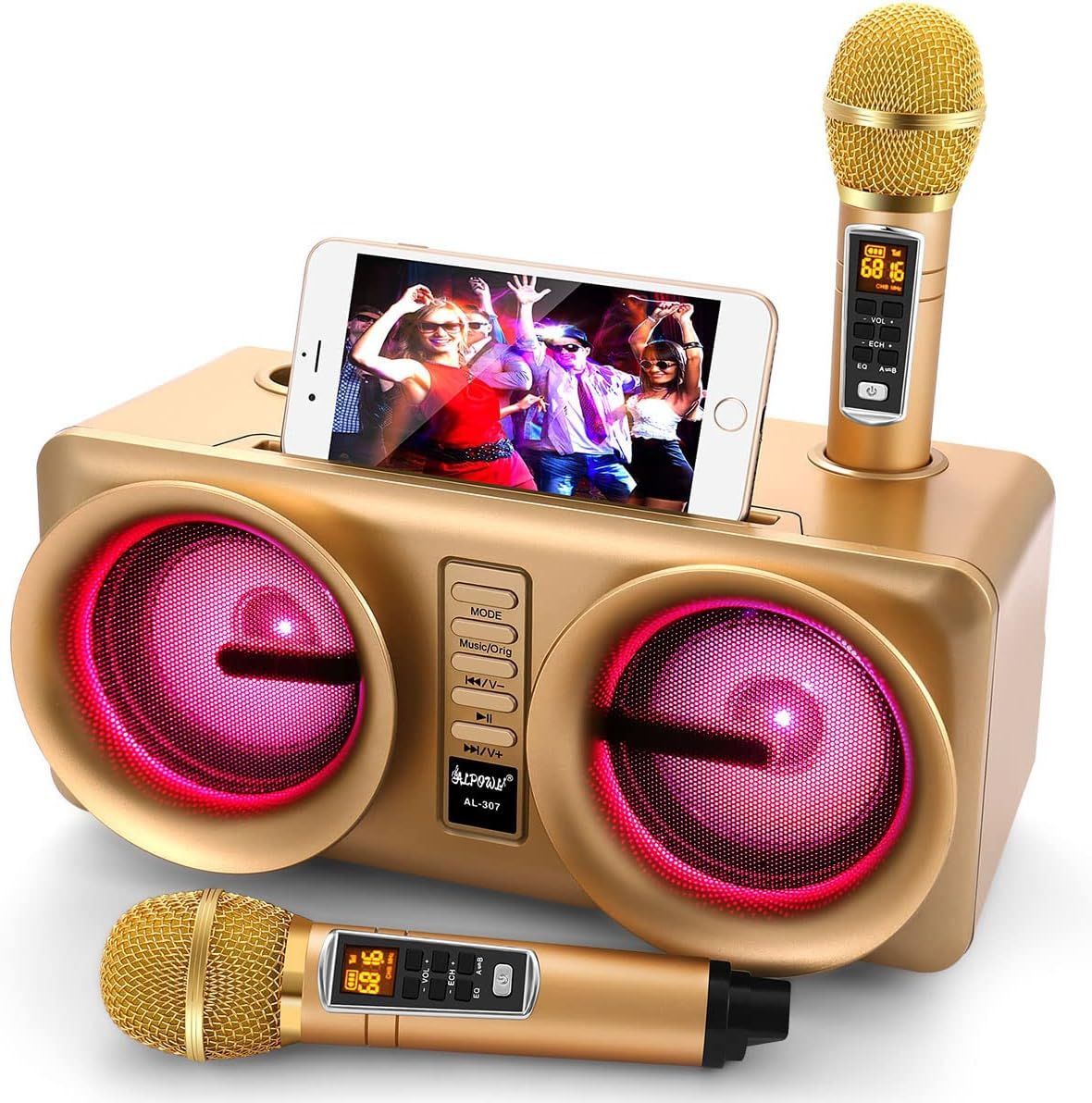 ALPOWL Maszyna karaoke z LED i 2 mikrofonami na przyjęcia (Złoty)
