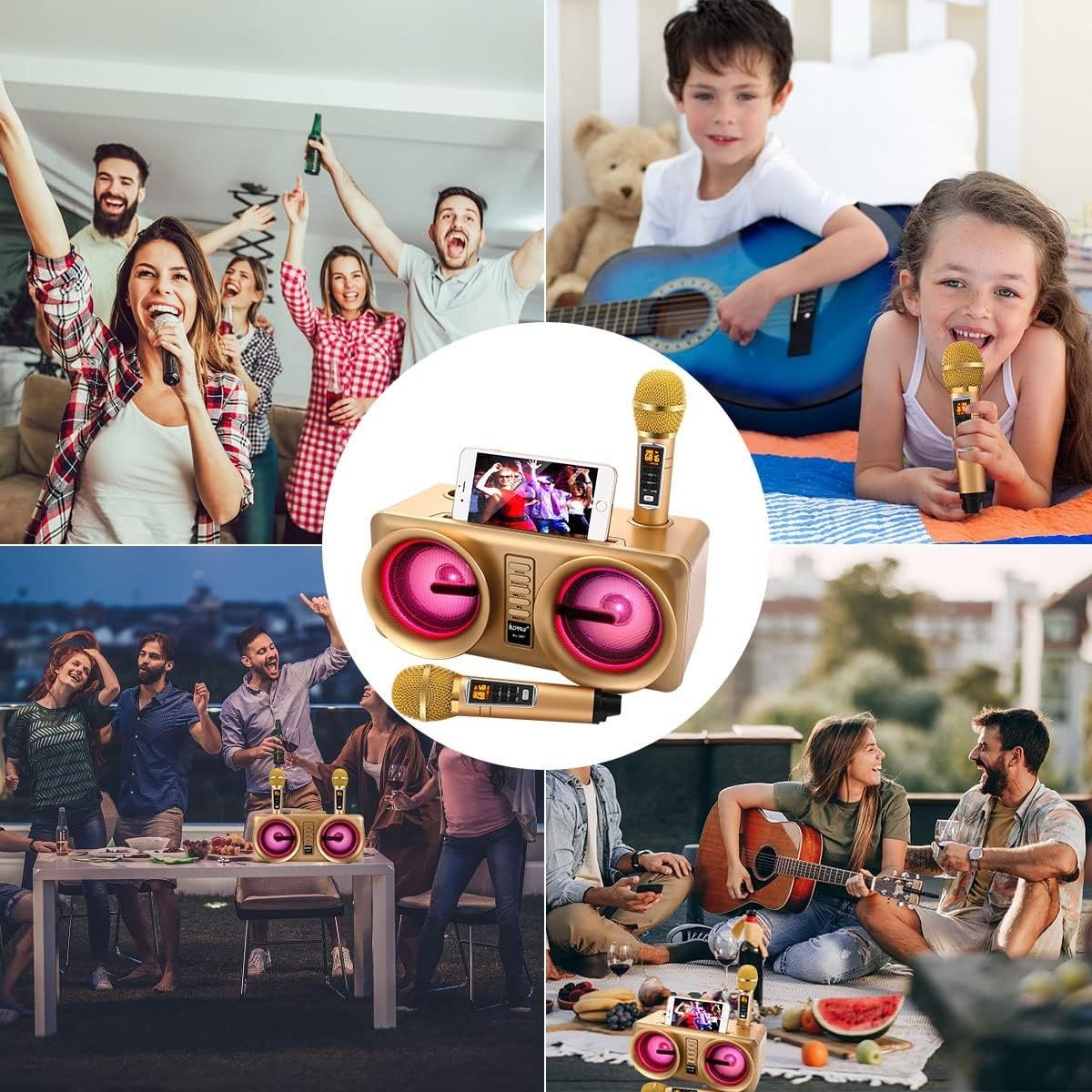 ALPOWL Maszyna karaoke z LED i 2 mikrofonami na przyjęcia (Złoty)