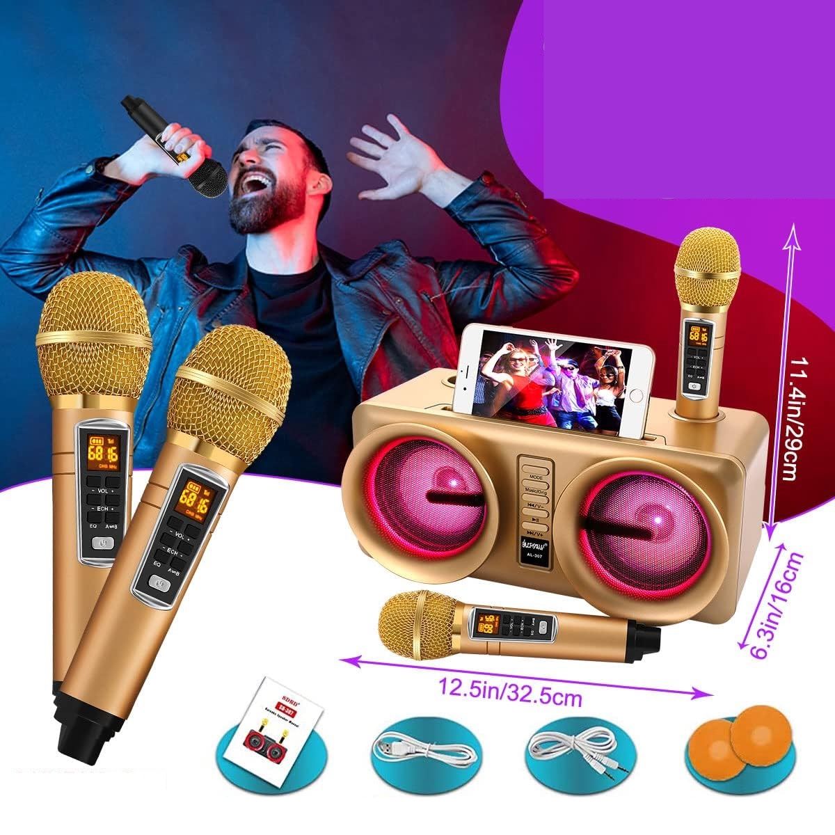 ALPOWL Maszyna karaoke z LED i 2 mikrofonami na przyjęcia (Złoty)