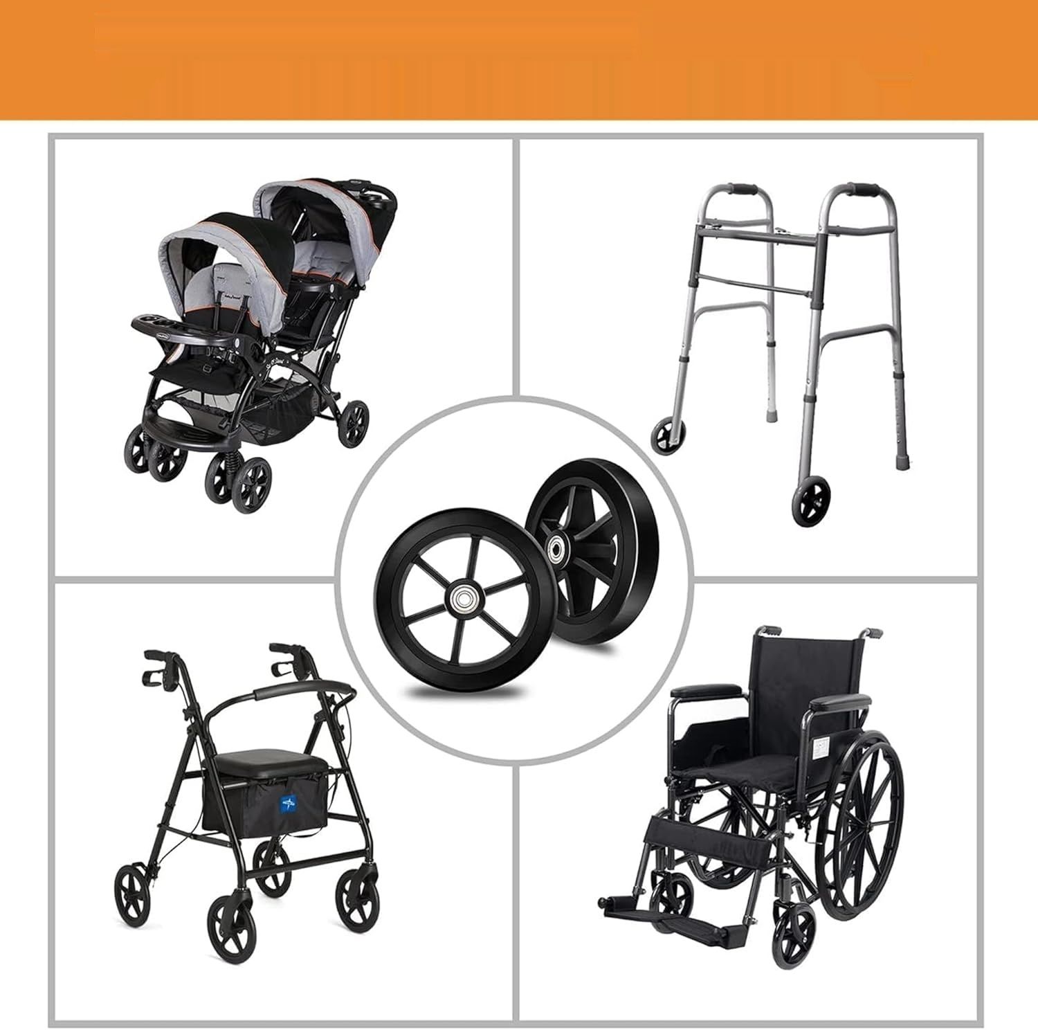 Zestaw 2szt 6&quot; Solid Spare Wheels – gumowe, odporne PU Tires, antypoślizgowe.