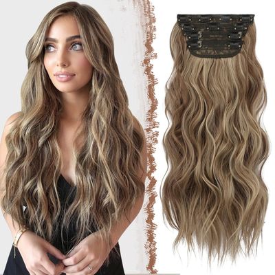FESHFEN Clip in Extensions, 4PCS, Syntetyczne, Karmelowy Brąz/Popielaty Blond.