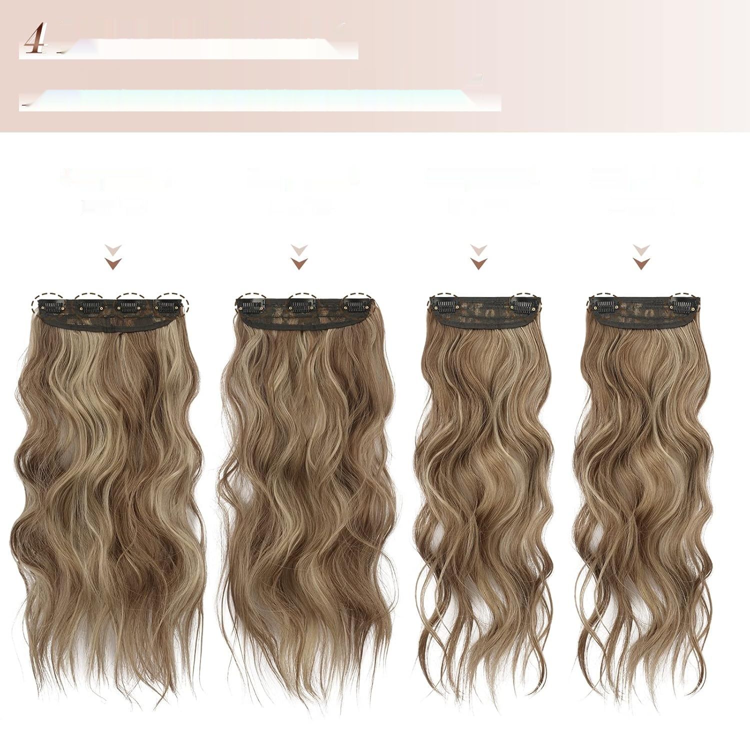 FESHFEN Clip in Extensions, 4PCS, Syntetyczne, Karmelowy Brąz/Popielaty Blond.