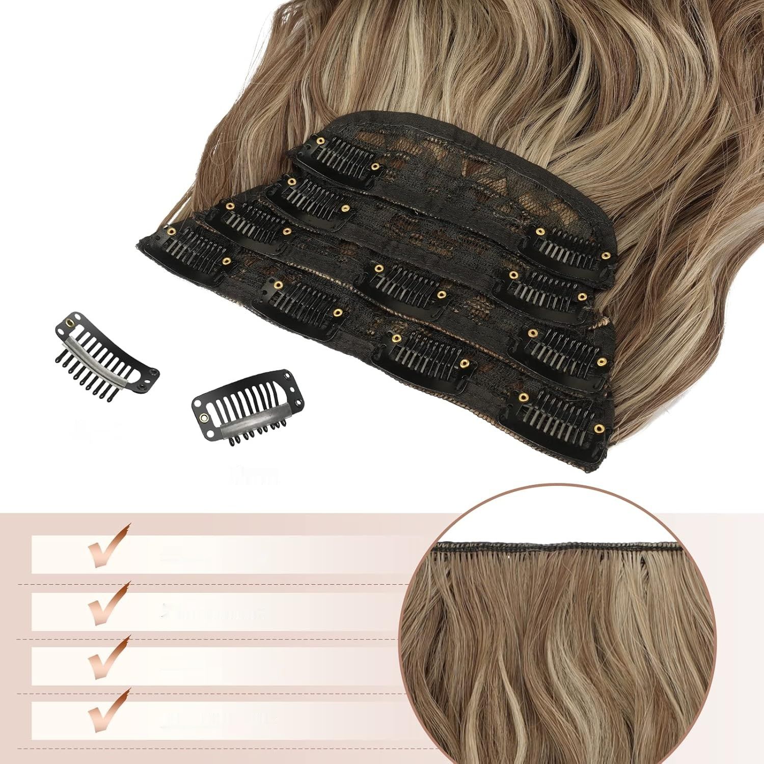 FESHFEN Clip in Extensions, 4PCS, Syntetyczne, Karmelowy Brąz/Popielaty Blond.