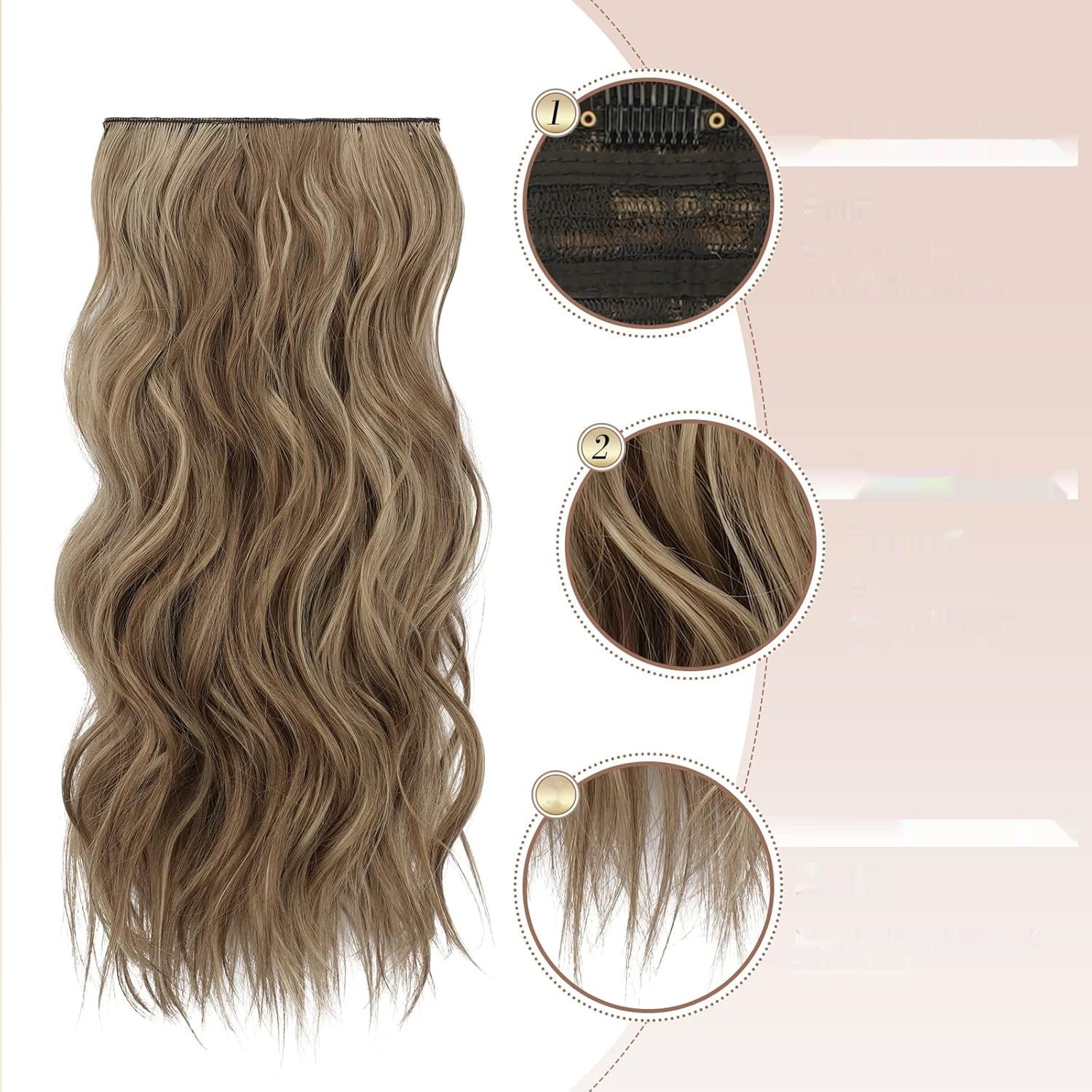 FESHFEN Clip in Extensions, 4PCS, Syntetyczne, Karmelowy Brąz/Popielaty Blond.