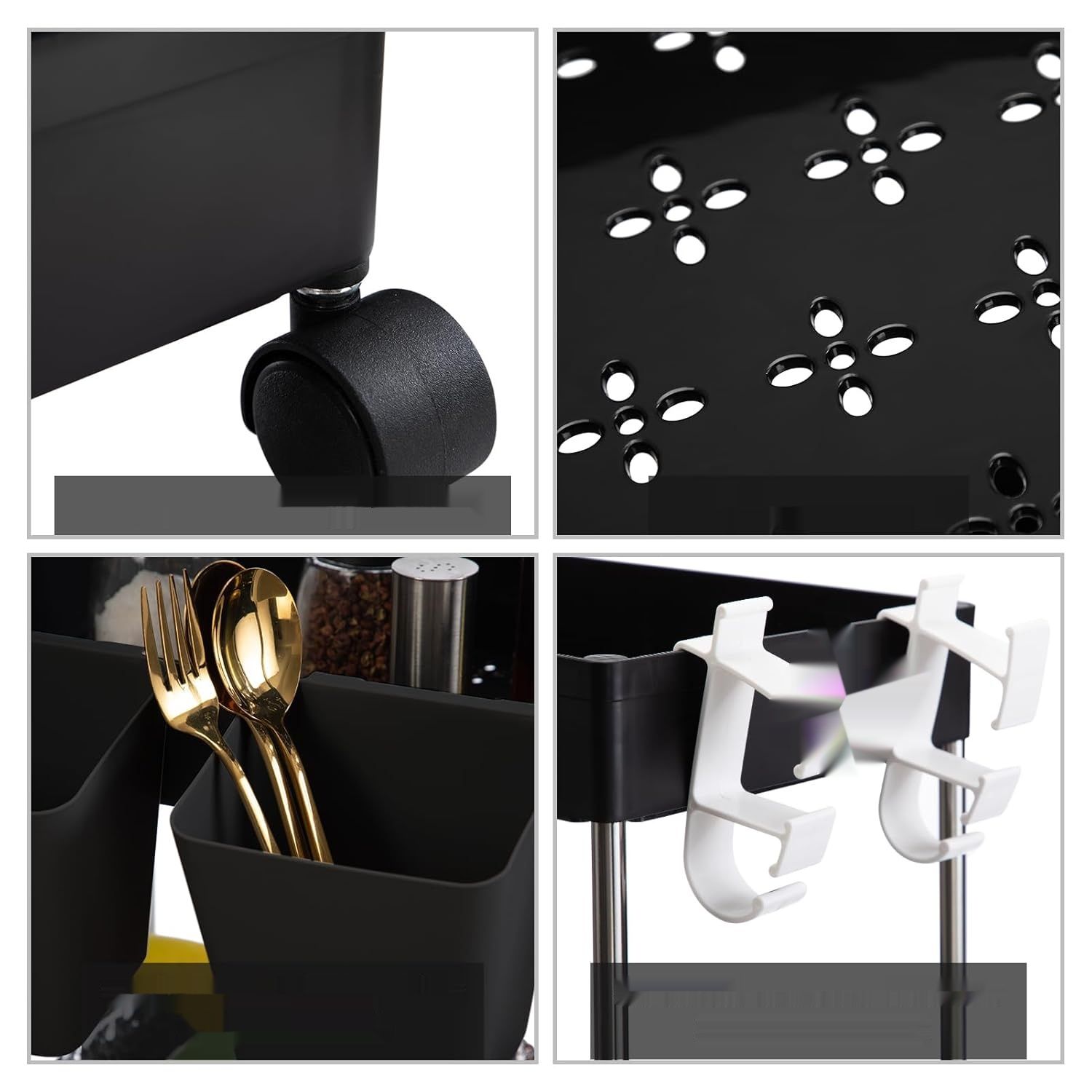 DOEWORKS Wózek Magazynowy, Kuchenny, 3-Poziomowy, z Wiszącymi Kubkami, Czarny