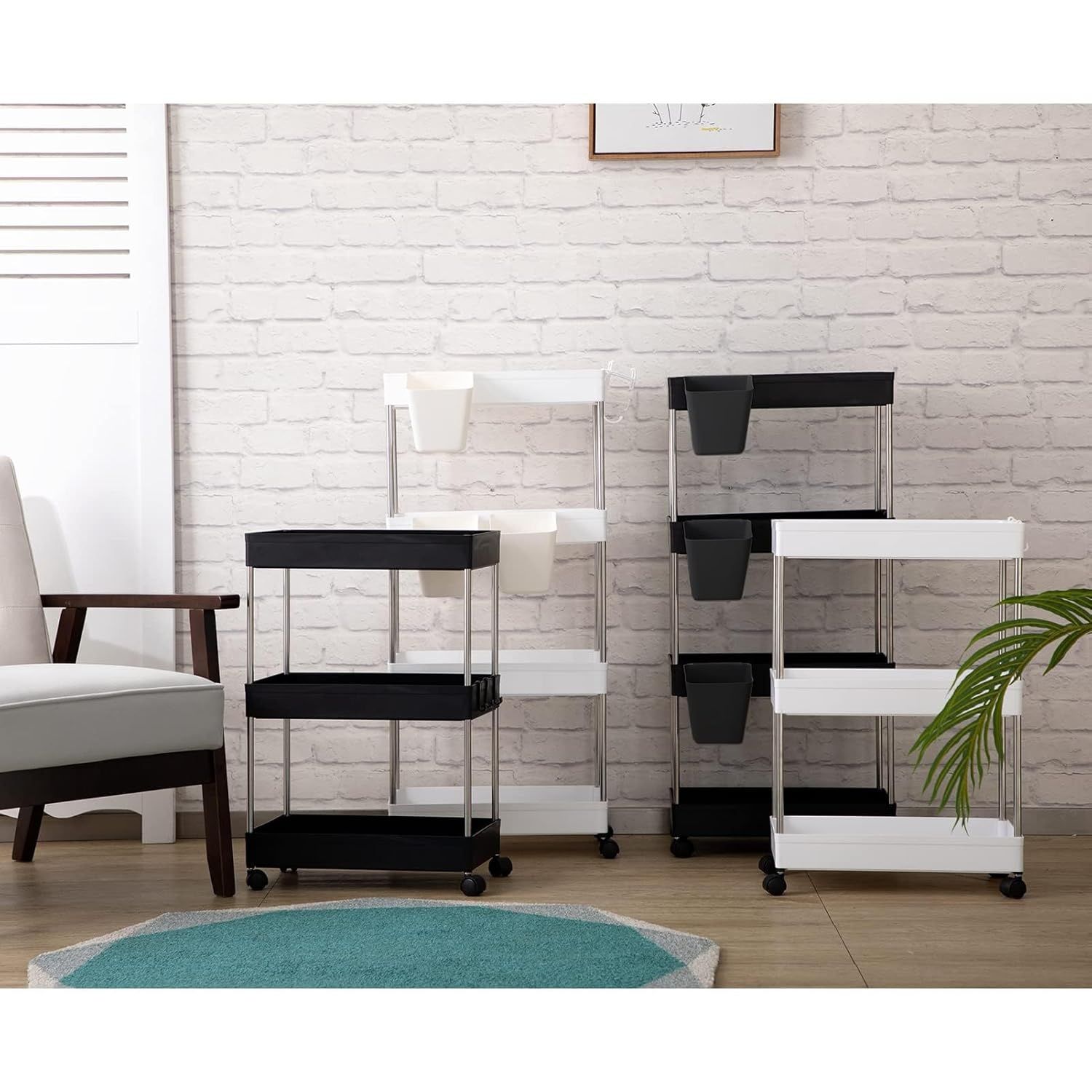 DOEWORKS Wózek Magazynowy, Kuchenny, 3-Poziomowy, z Wiszącymi Kubkami, Czarny