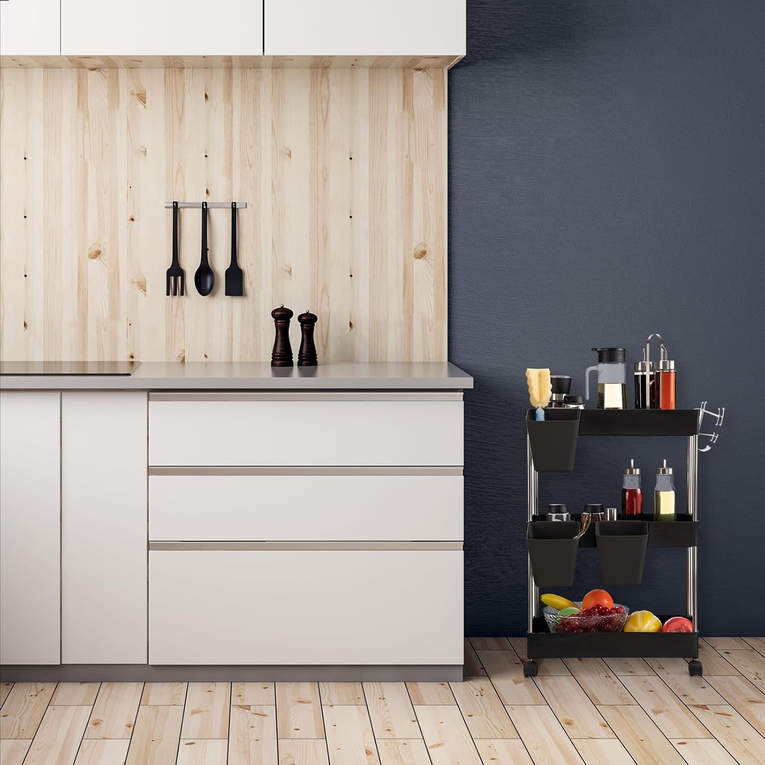 DOEWORKS Wózek Magazynowy, Kuchenny, 3-Poziomowy, z Wiszącymi Kubkami, Czarny