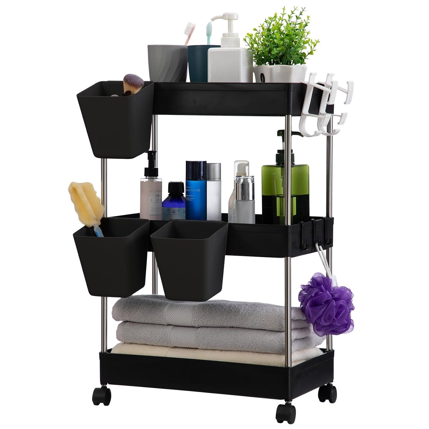 DOEWORKS Wózek Magazynowy, Kuchenny, 3-Poziomowy, z Wiszącymi Kubkami, Czarny