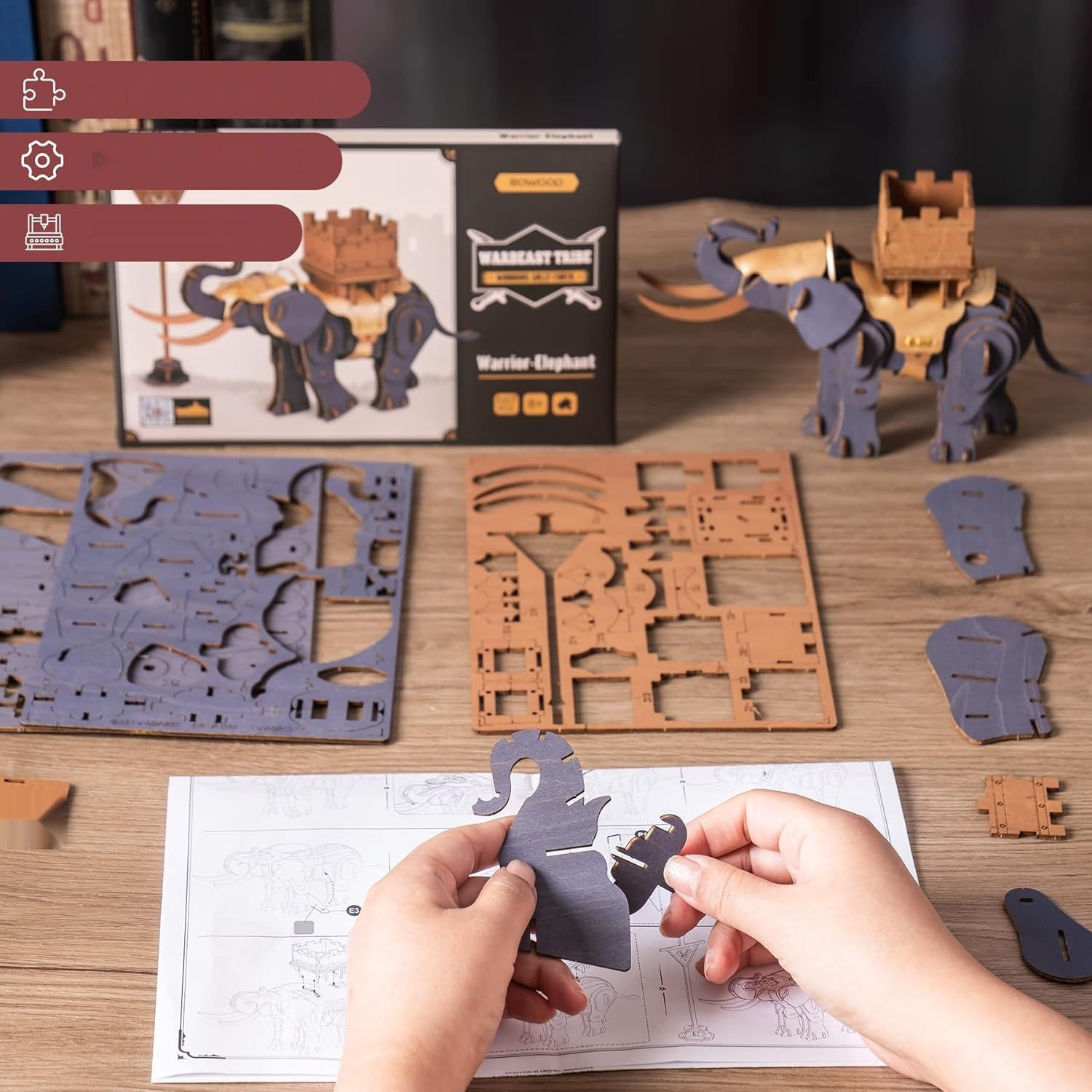 RoWood 3D puzzle wojenny słoń, drewniany model dla dorosłych do budowania