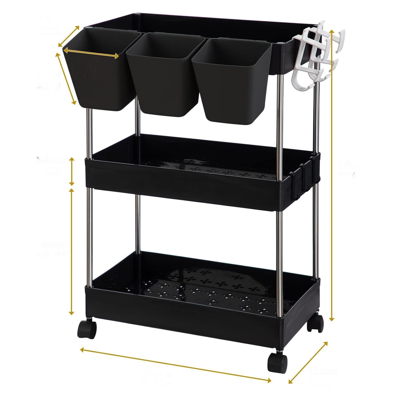 DOEWORKS Wózek Magazynowy, Kuchenny, 3-Poziomowy, z Wiszącymi Kubkami, Czarny