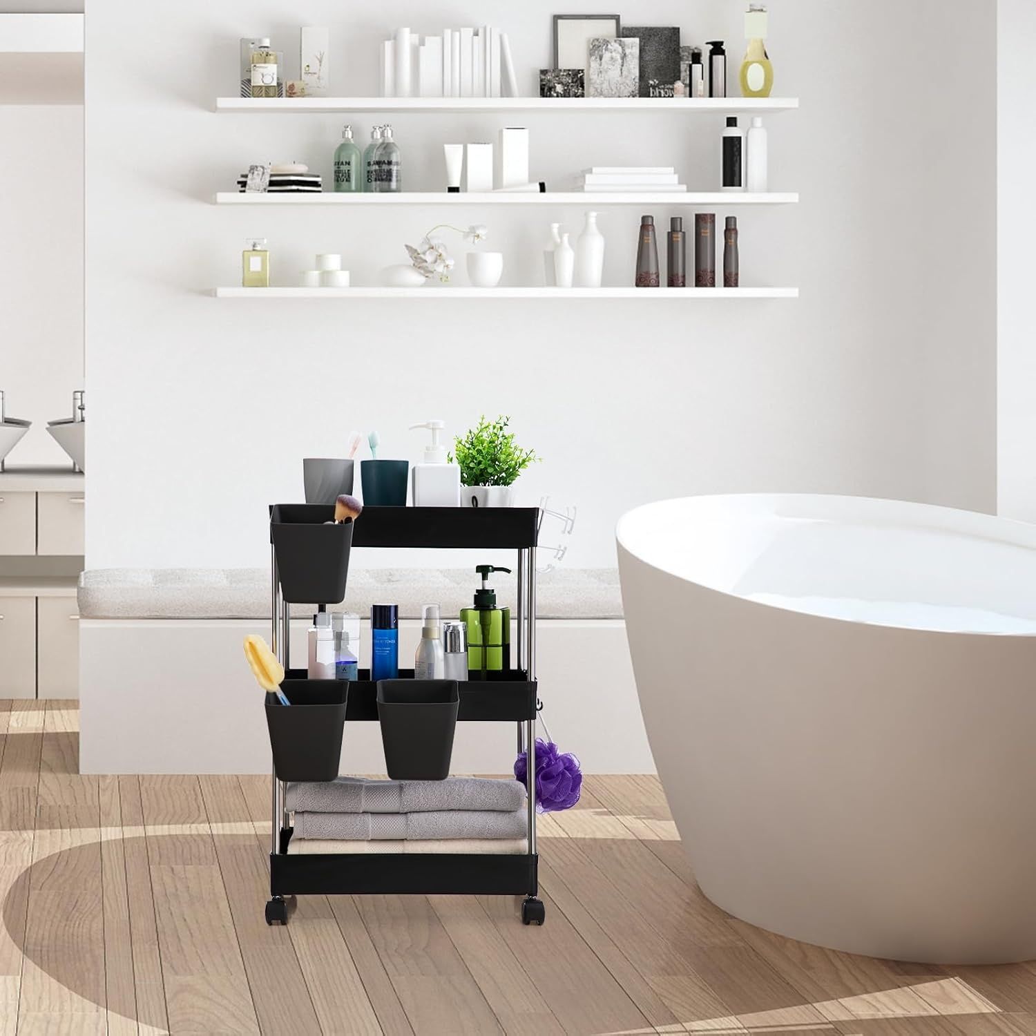 DOEWORKS Wózek Magazynowy, Kuchenny, 3-Poziomowy, z Wiszącymi Kubkami, Czarny