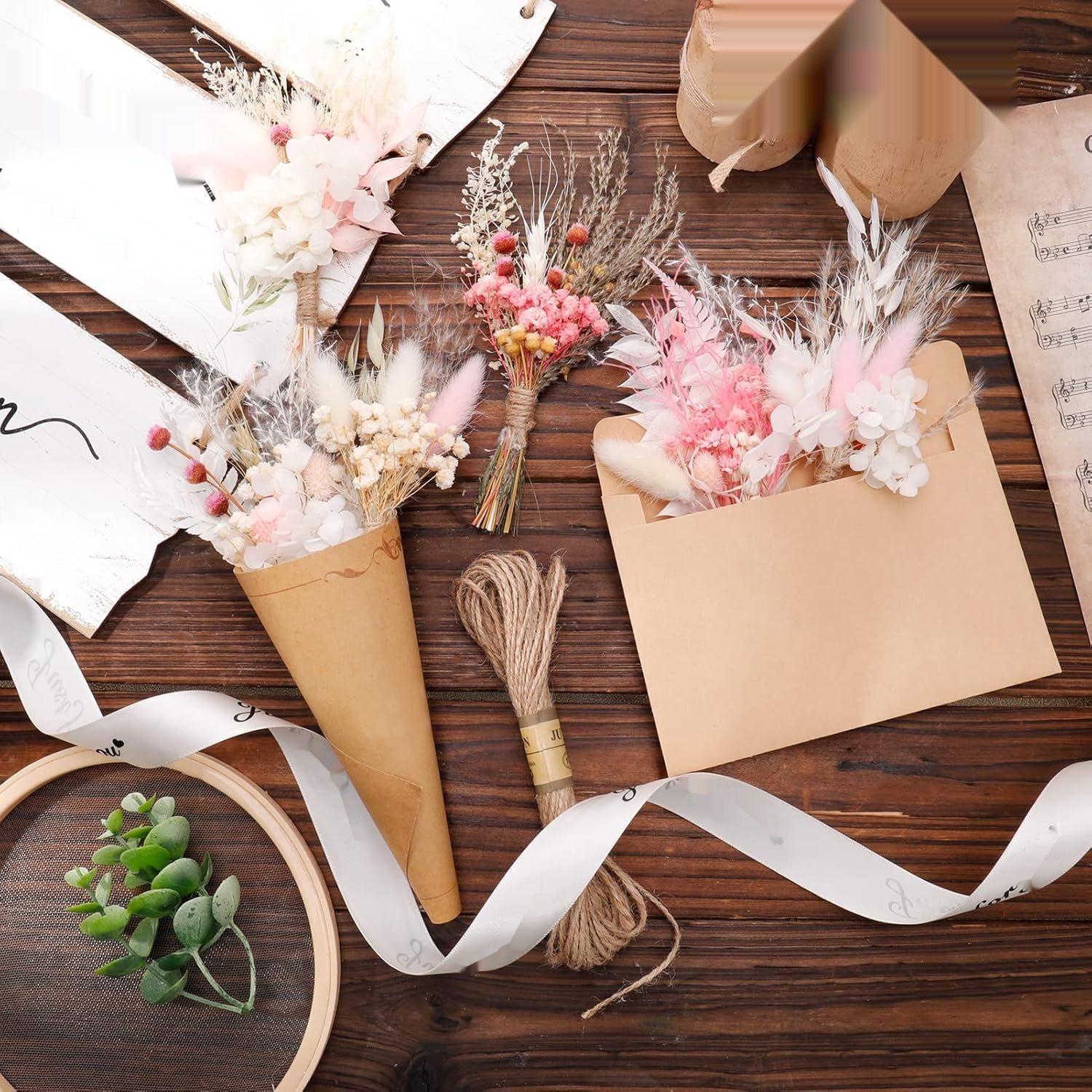 Heyu-Lotus Zestaw 6 mini bukietów suszonych kwiatów gypsophila, DIY.