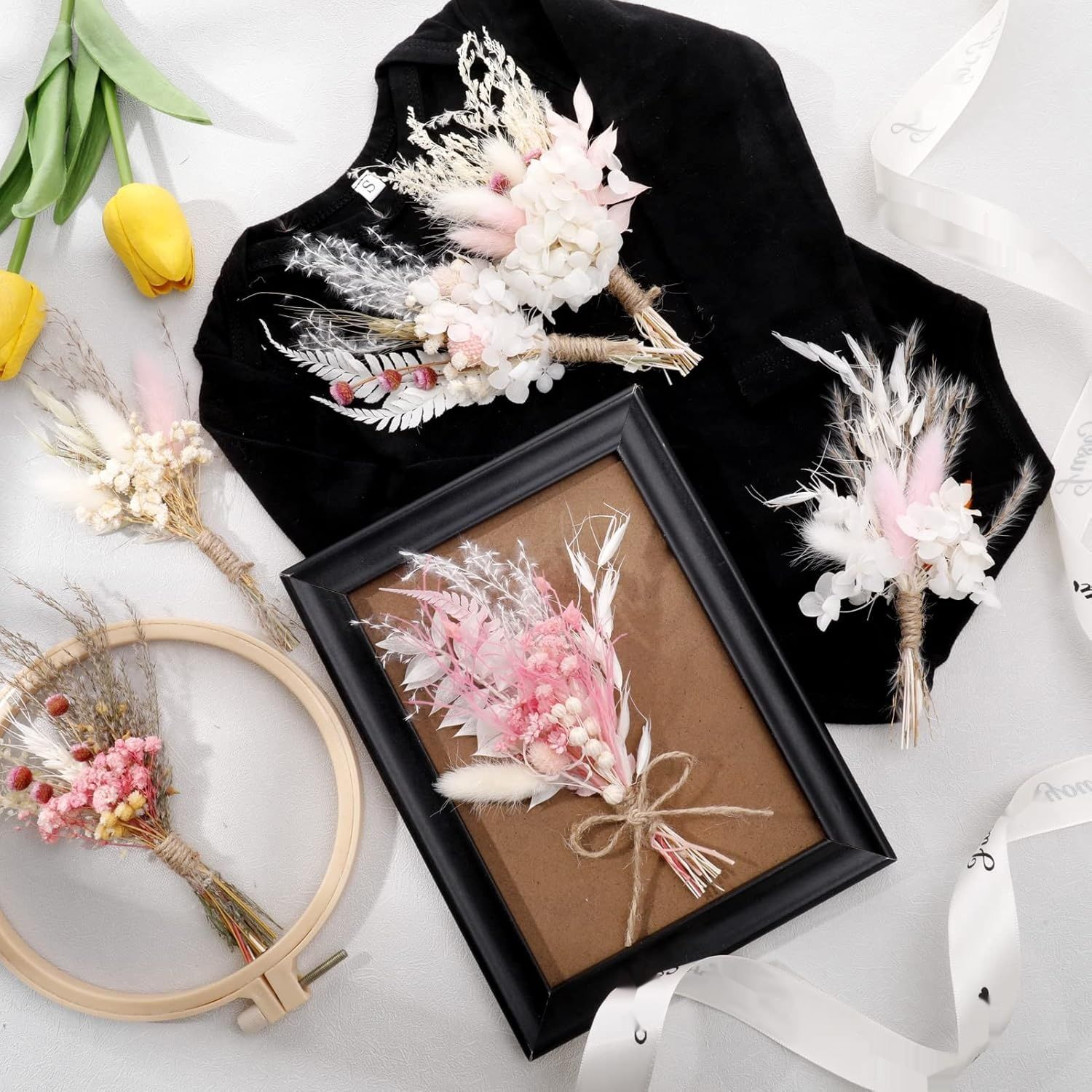 Heyu-Lotus Zestaw 6 mini bukietów suszonych kwiatów gypsophila, DIY.