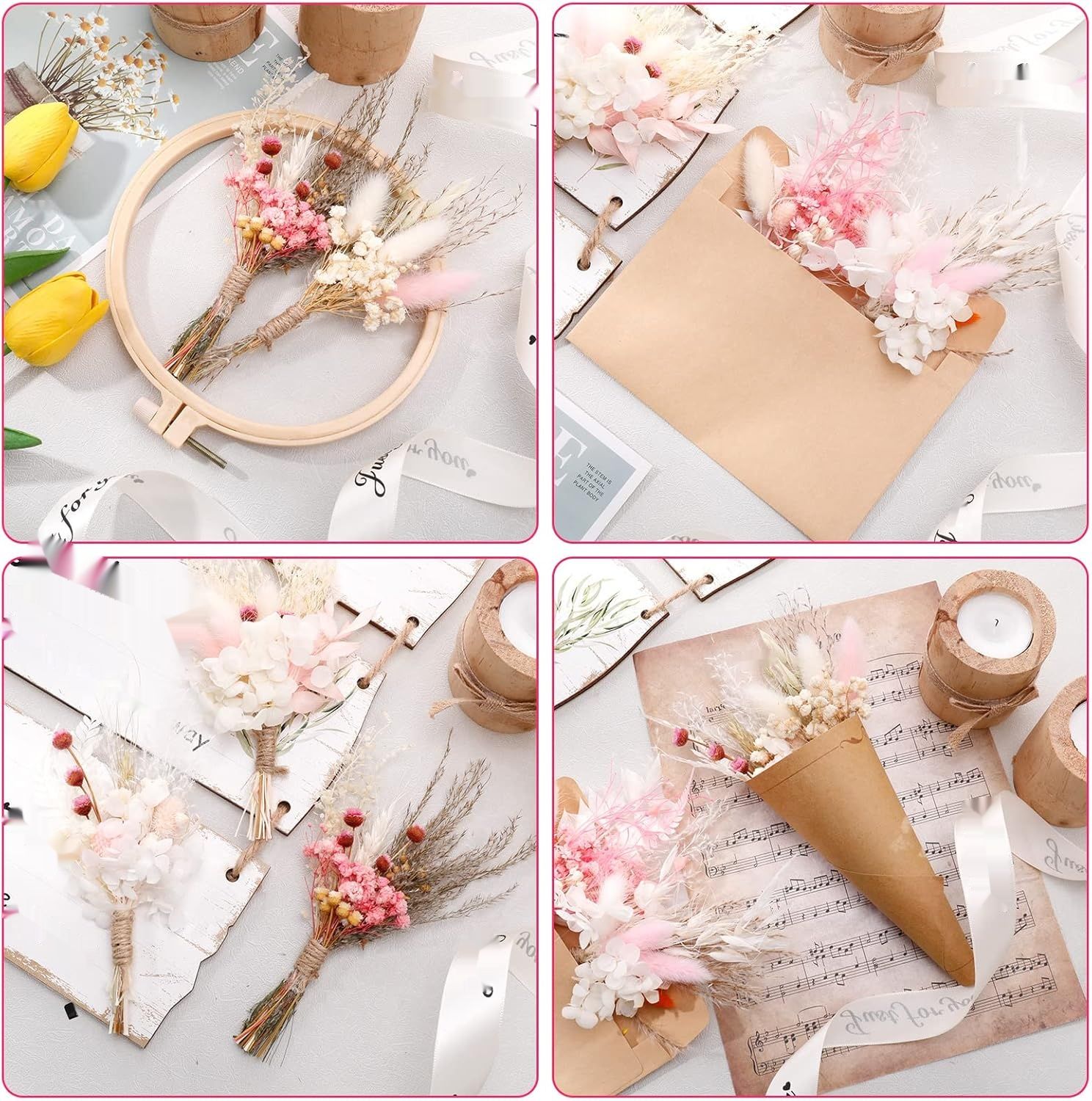 Heyu-Lotus Zestaw 6 mini bukietów suszonych kwiatów gypsophila, DIY.