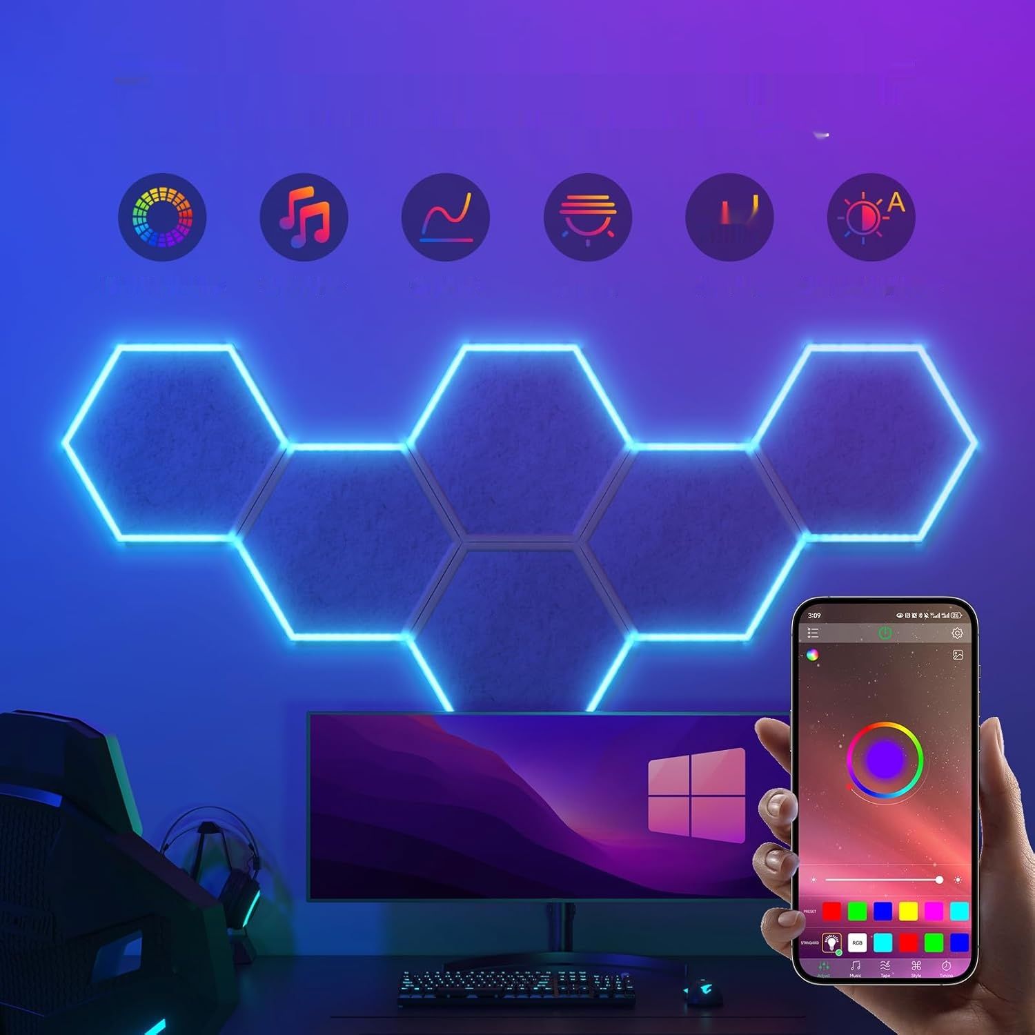 TONOR RGB Hexagon, zestaw 6 paneli akustycznych, 32x28x1,2 cm.