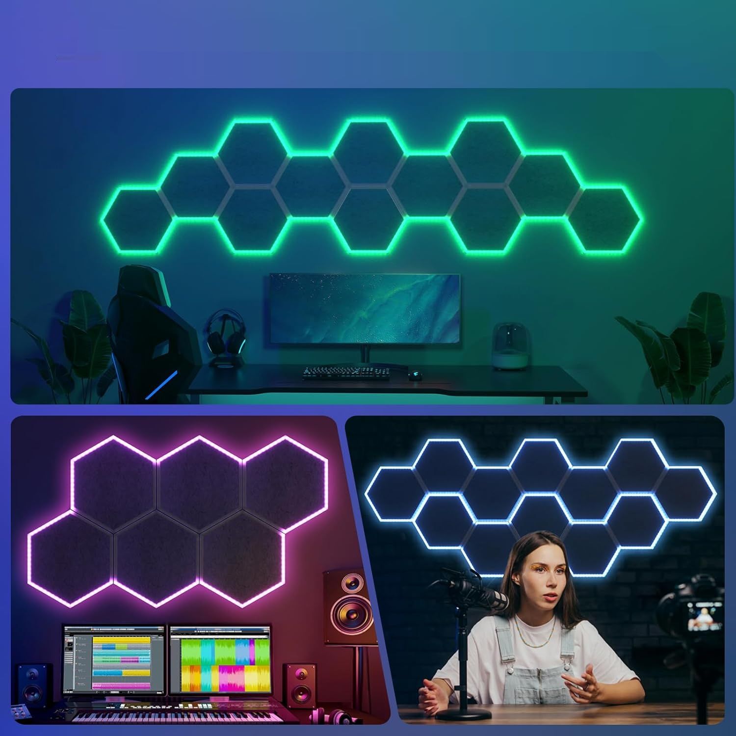 TONOR RGB Hexagon, zestaw 6 paneli akustycznych, 32x28x1,2 cm.