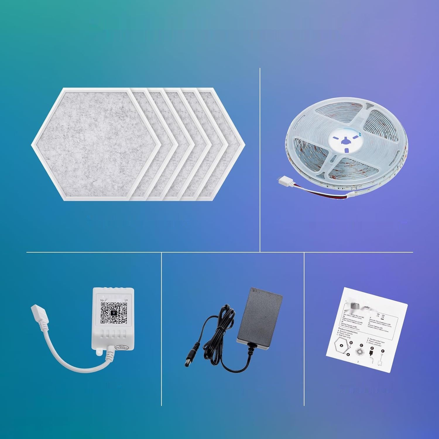 TONOR RGB Hexagon, zestaw 6 paneli akustycznych, 32x28x1,2 cm.