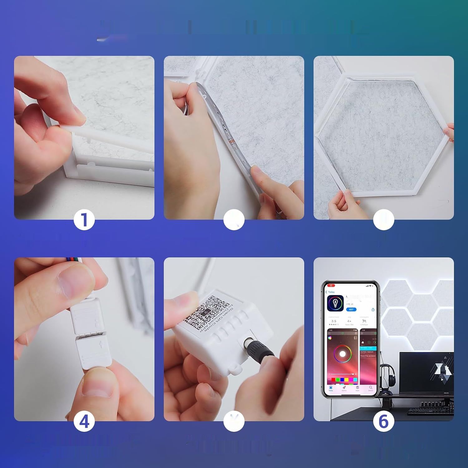 TONOR RGB Hexagon, zestaw 6 paneli akustycznych, 32x28x1,2 cm.