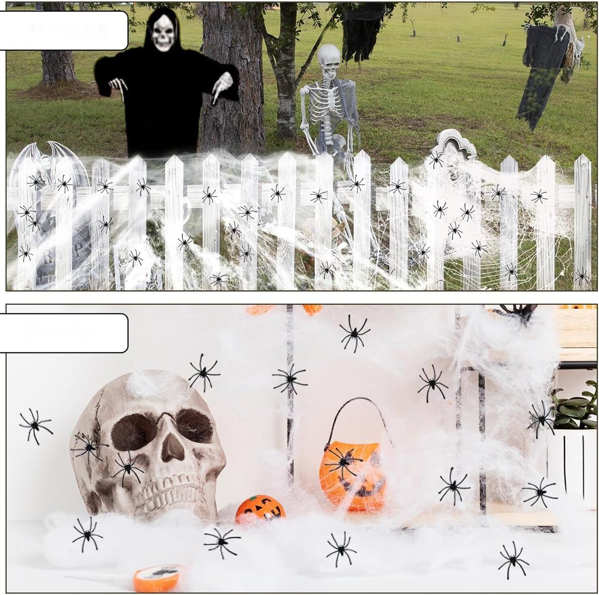 AMLOOPH Zestaw Dekoracji na Halloween - Pajęczyna, 300 g z 100 Pająkami