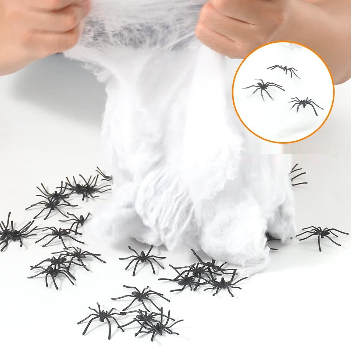 AMLOOPH Zestaw Dekoracji na Halloween - Pajęczyna, 300 g z 100 Pająkami