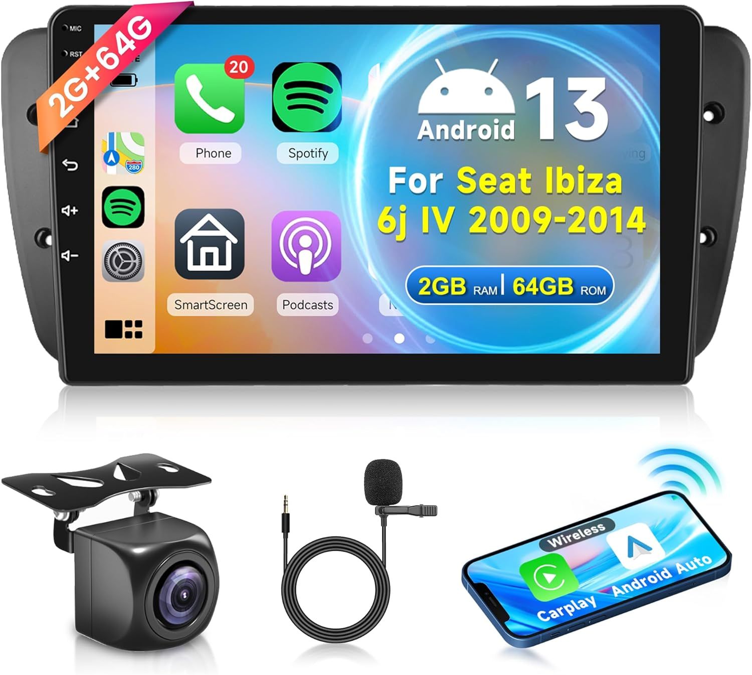 Bezprzewodowy Carplay Radio Samochodowe 2 Din do Seat Ibiza 6j IV 9&quot;