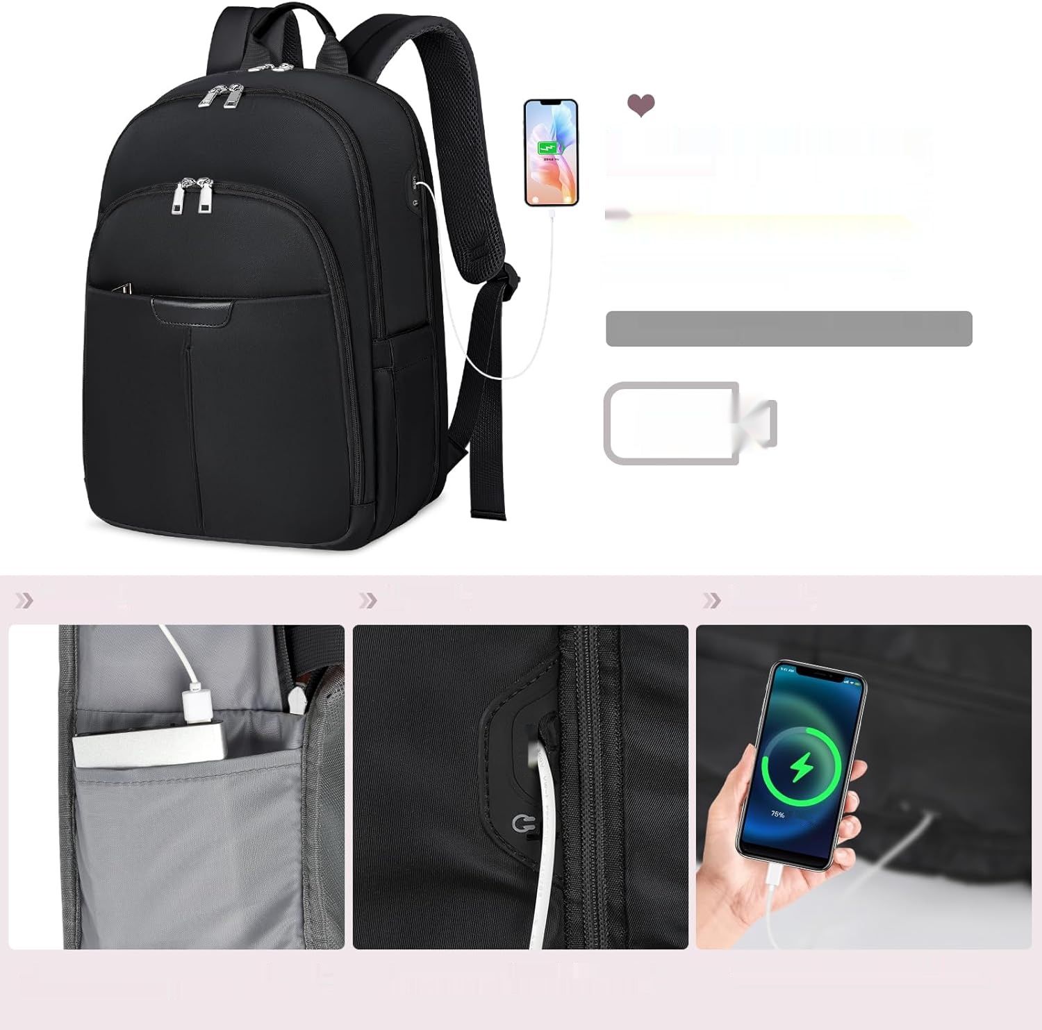 NEWHEY Plecak przenośny dla kobiety, plecak na laptopa 15,6 cala z portem USB