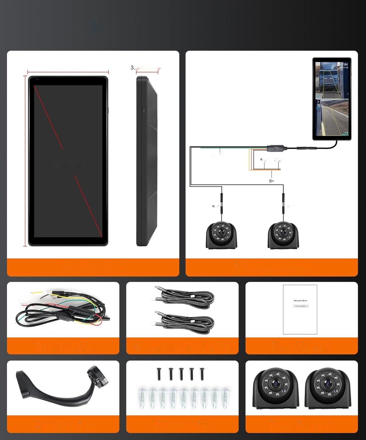 Lusterko wsteczne z pionowym ekranem do samochodów ciężarowych z 2 kamerami cofania