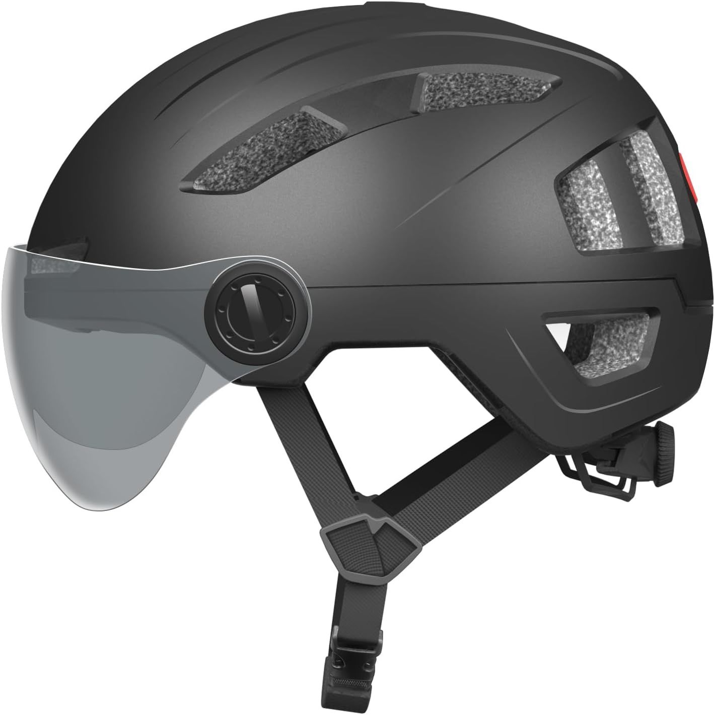 Kask rowerowy czarny z wizjerem i regulacją rozmiaru.