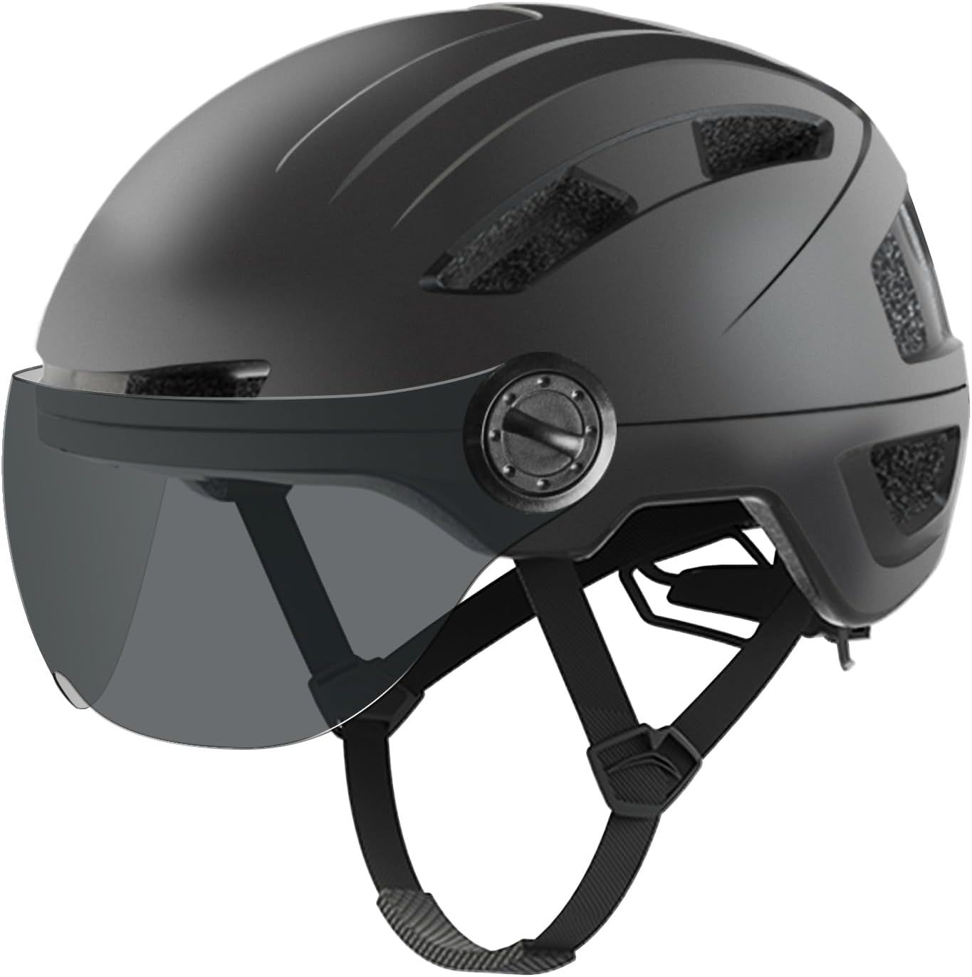 Kask rowerowy czarny z wizjerem i regulacją rozmiaru.