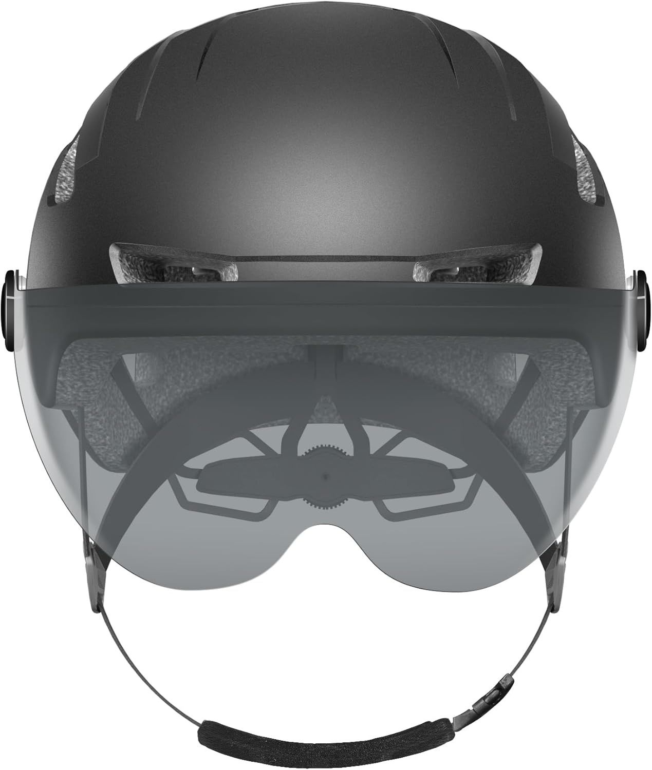 Kask rowerowy czarny z wizjerem i regulacją rozmiaru.