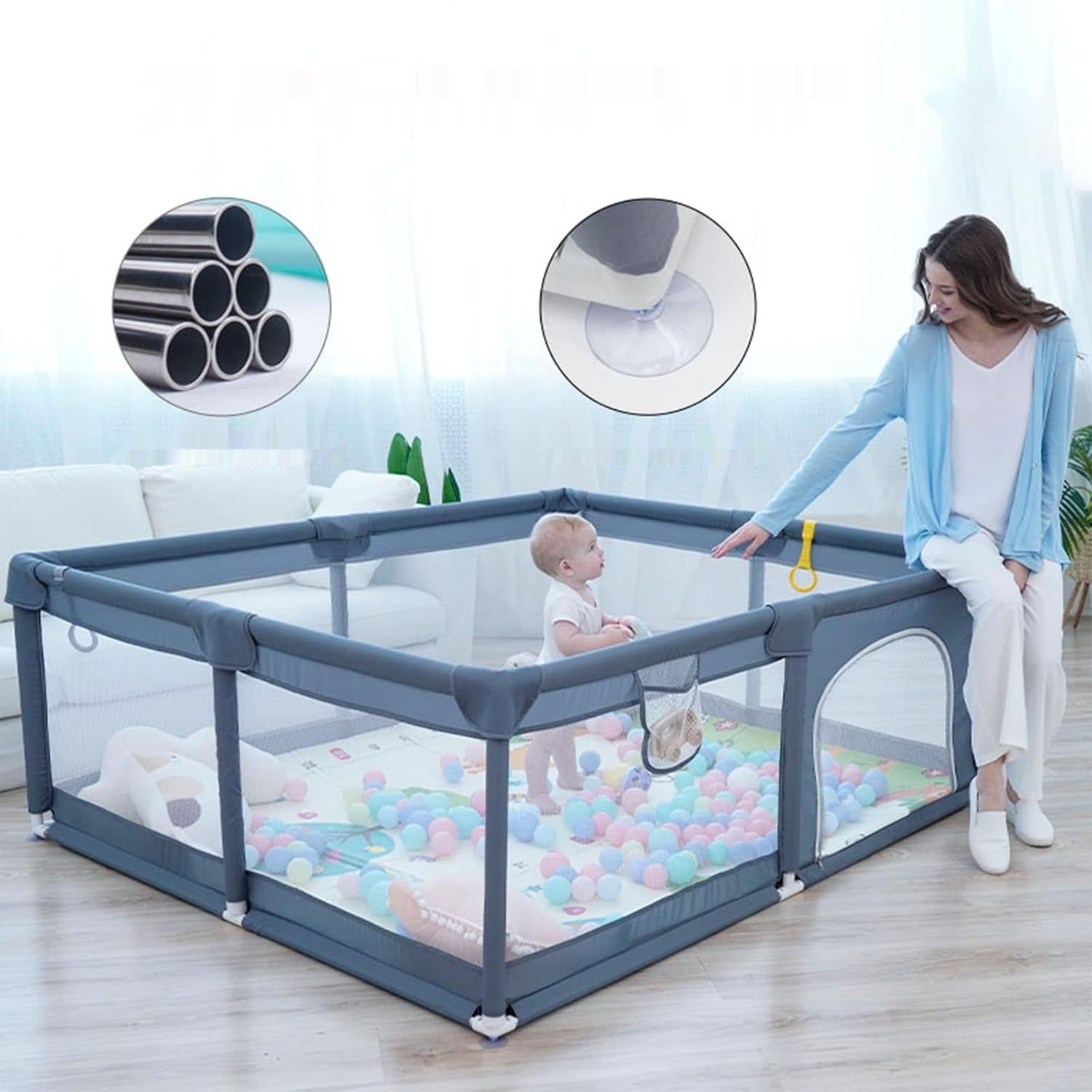 Vterly Kojec dla Dzieci, 150x180x68 cm Plac Zabaw, Szary