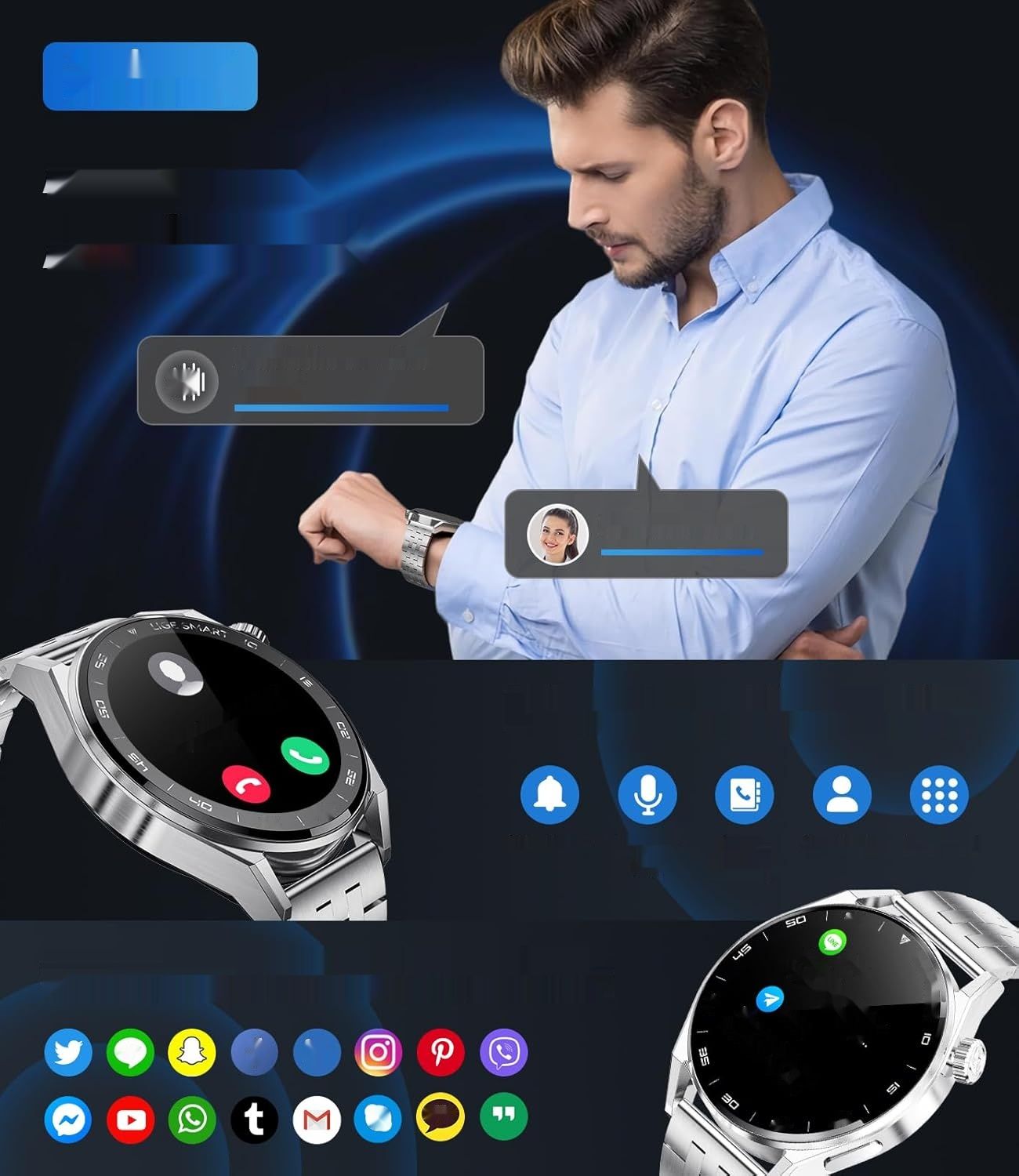 Smartwatch męski LIGE, 1,39&quot; HD, 100+ trybów, IP68, Srebrny