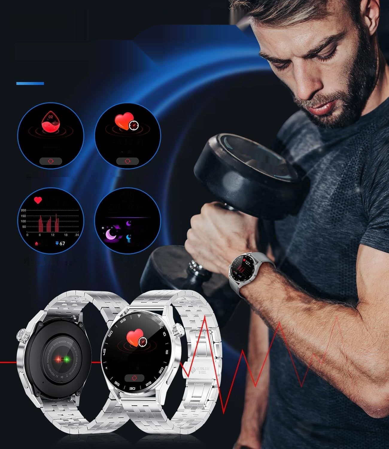 Smartwatch męski LIGE, 1,39&quot; HD, 100+ trybów, IP68, Srebrny