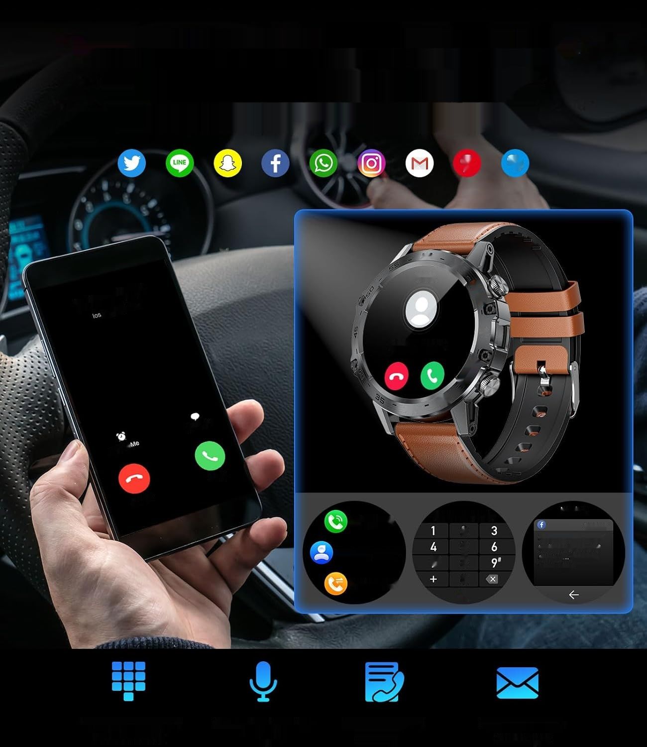 LIGE Męski Smartwatch, 1,39-calowy, brązowy, kompatybilny z Android i iOS.