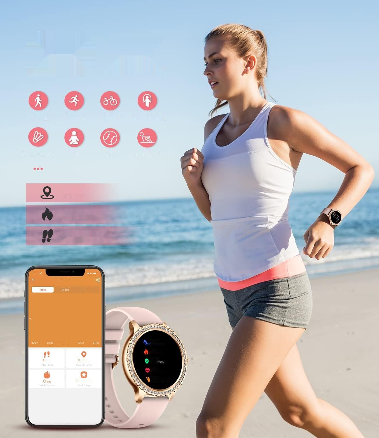 LIGE Damski smartwatch 1,32&quot; Diamond, wodoodporny, 20 trybów sportowych