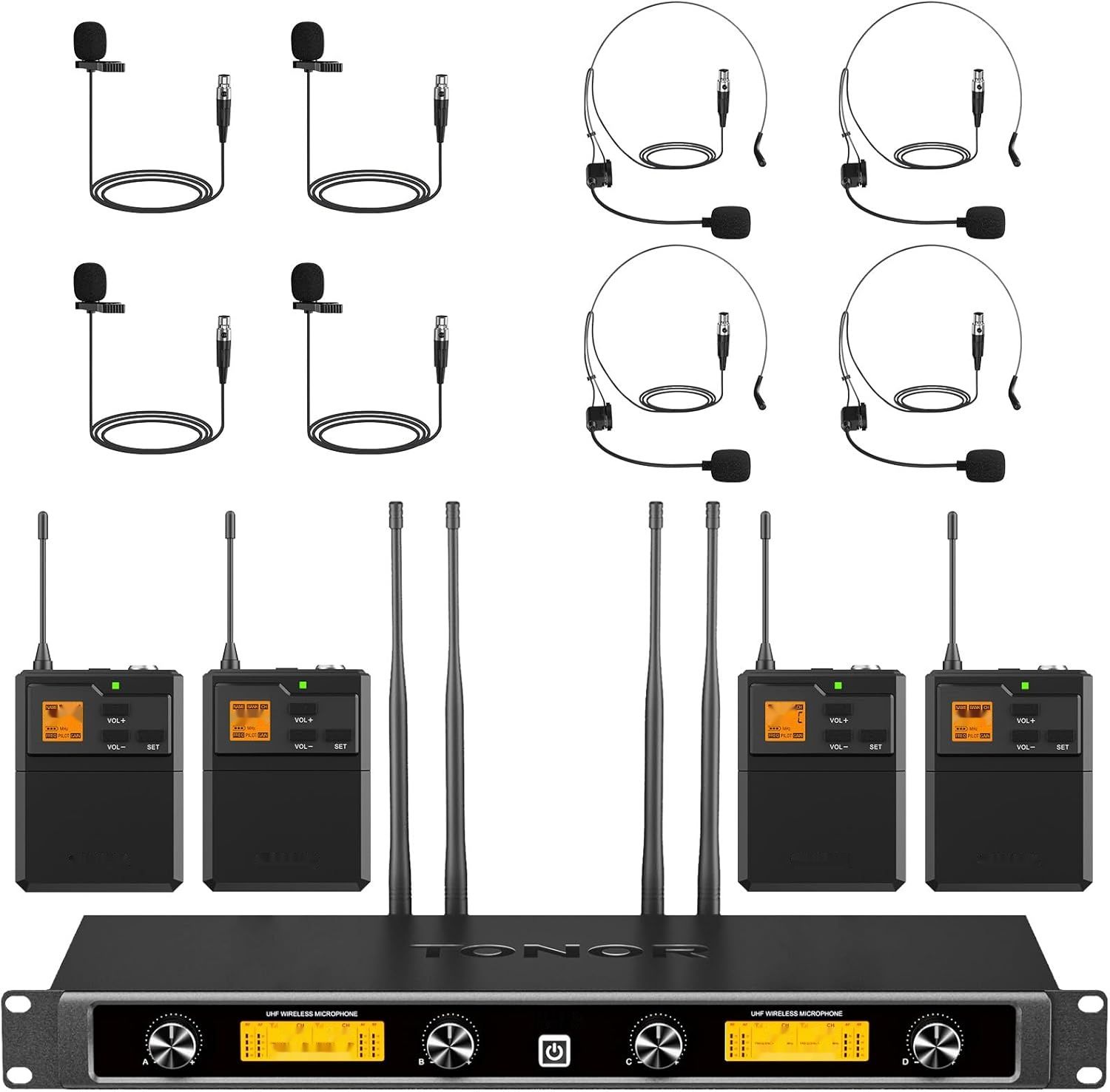 TONOR System mikrofonu bezprzewodowego UHF z podwójnym zestawem słuchawkowym i krawatowym