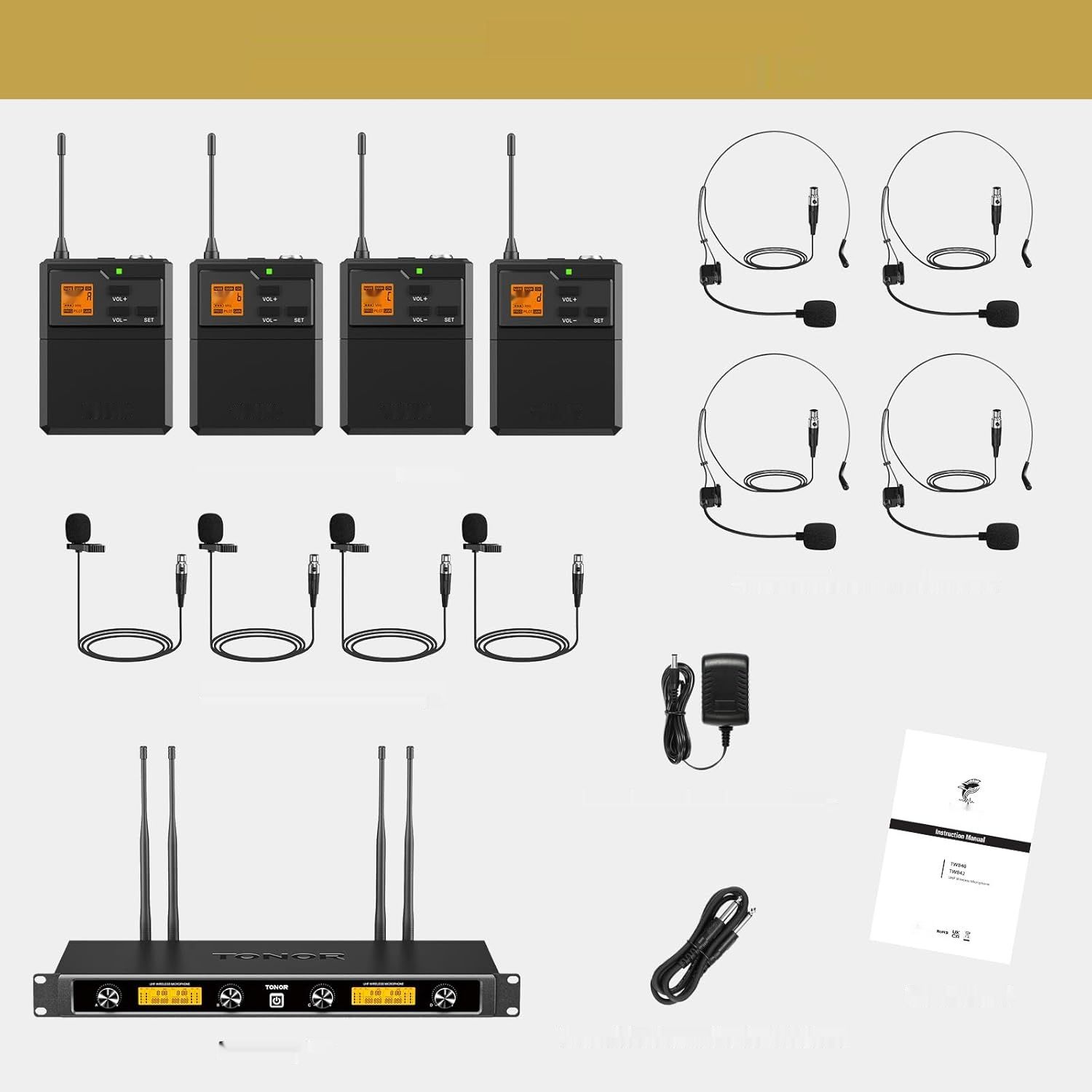 TONOR System mikrofonu bezprzewodowego UHF z podwójnym zestawem słuchawkowym i krawatowym